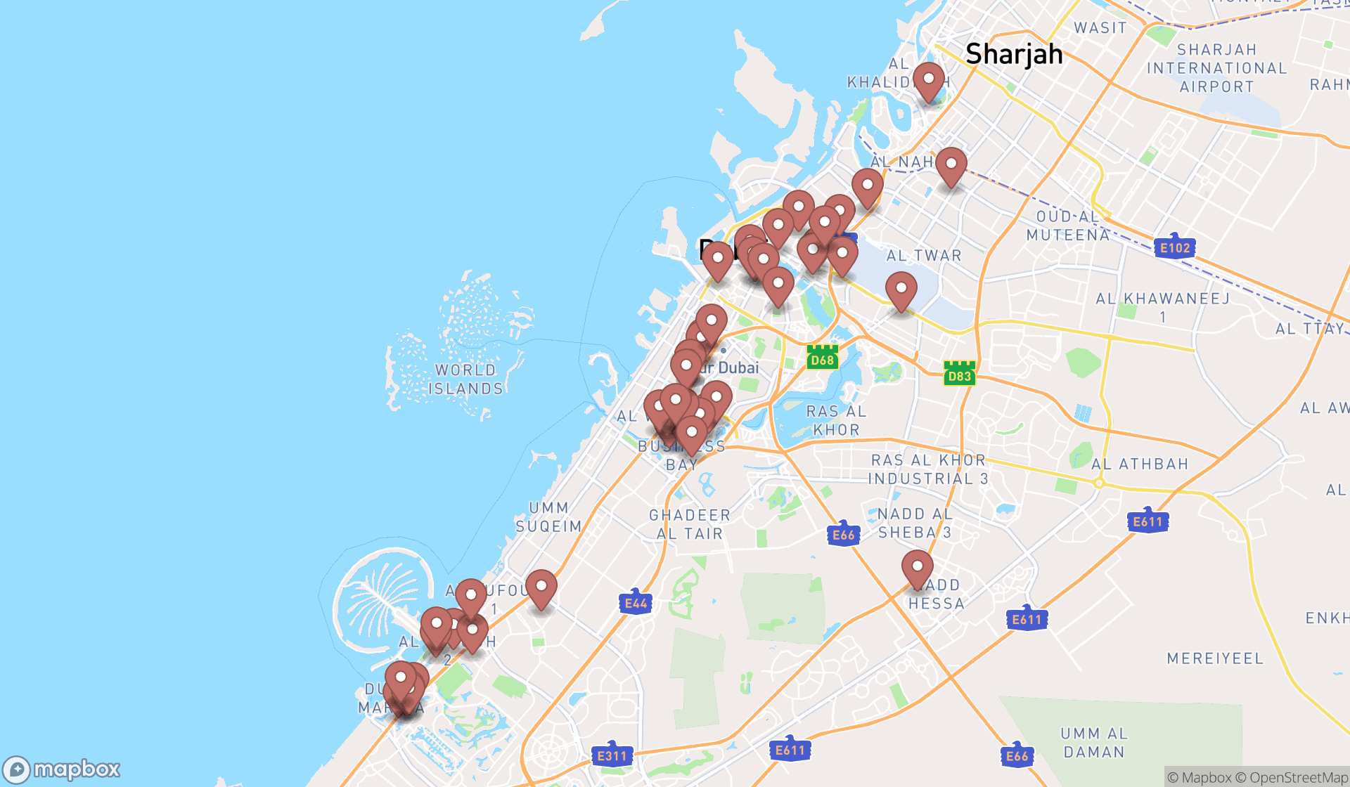 Map showing the search results in Dubai