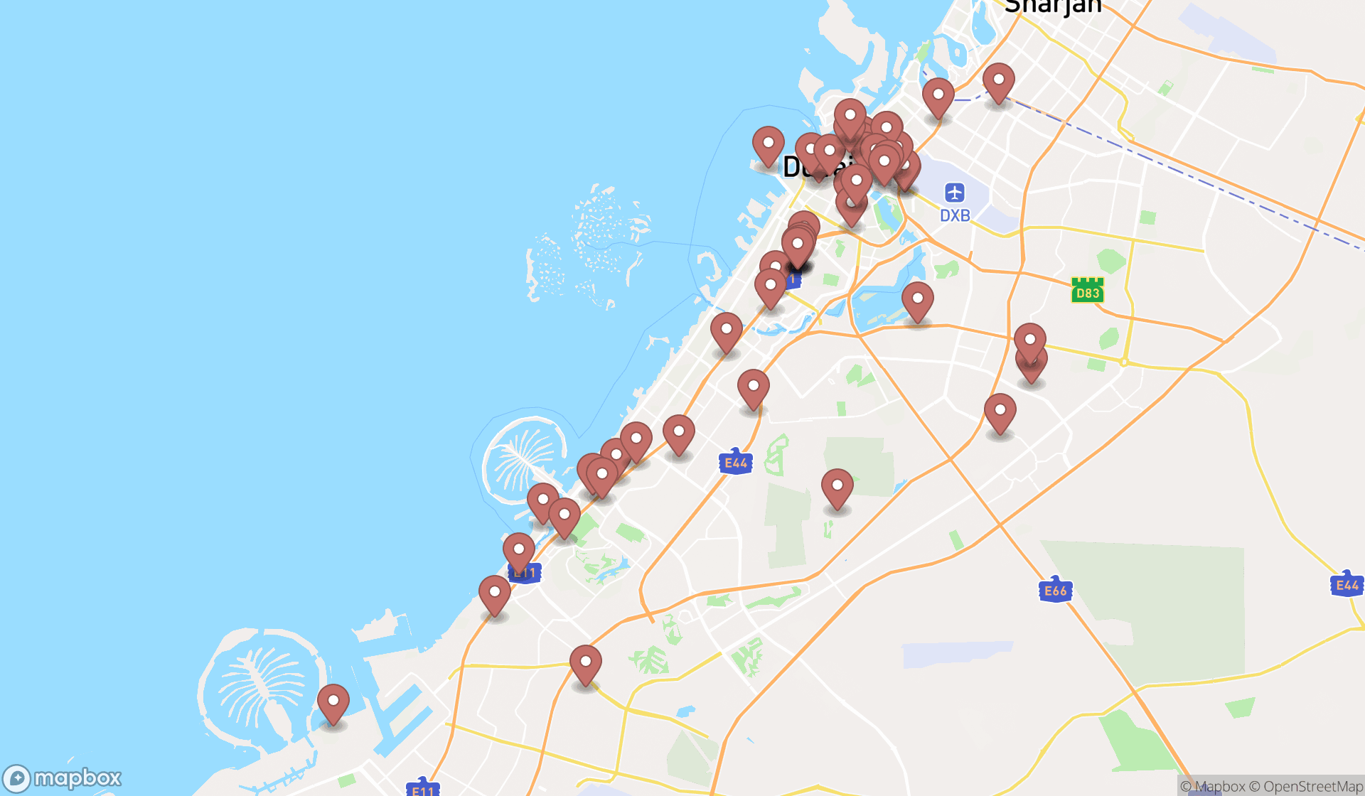 Map showing the search results in Dubai