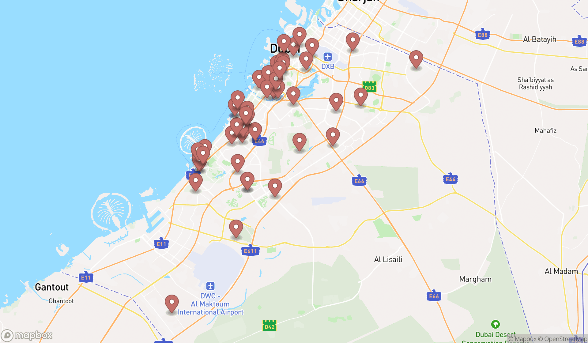 Map showing the search results in Dubai