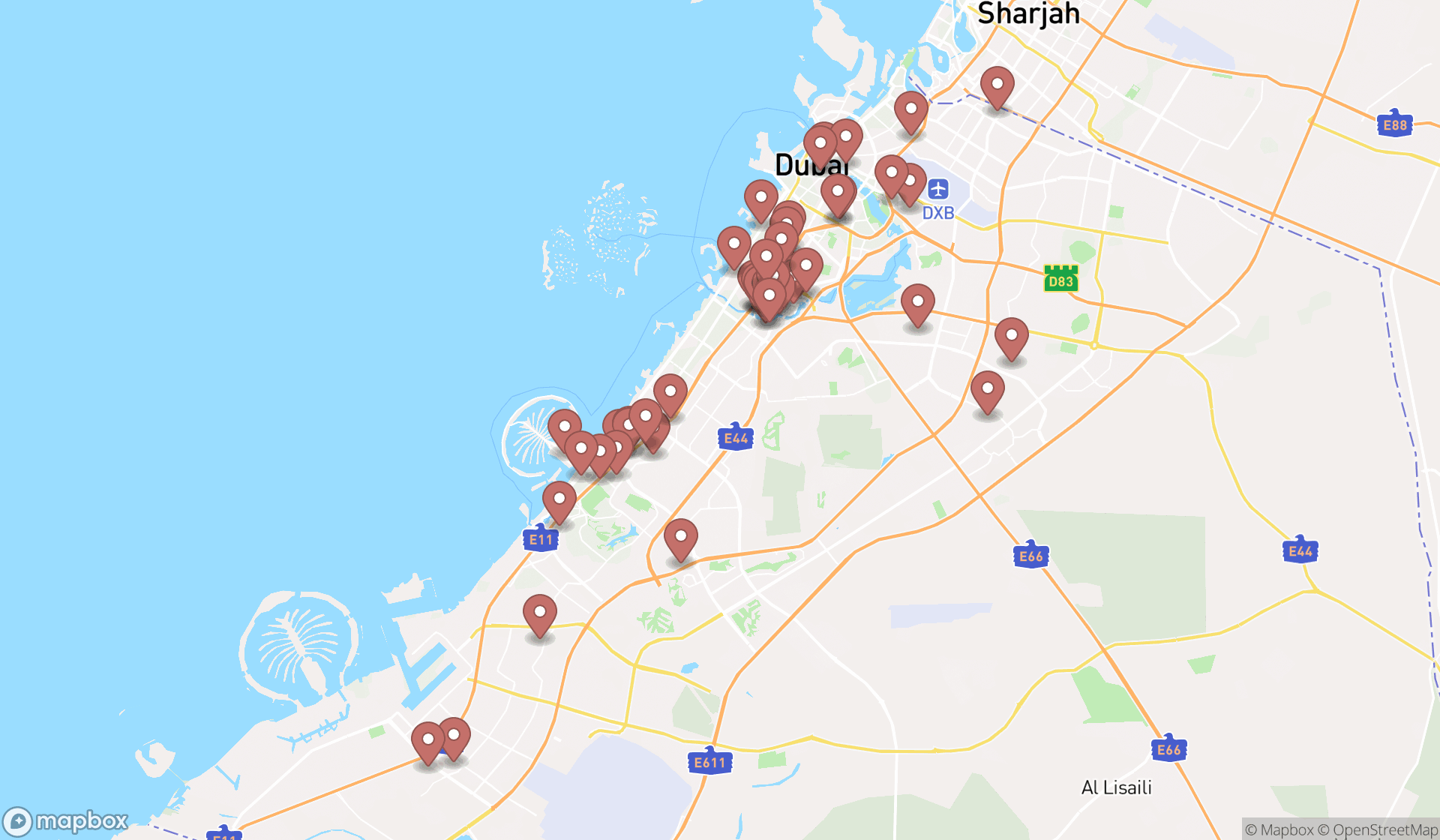 Map showing the search results in Dubai