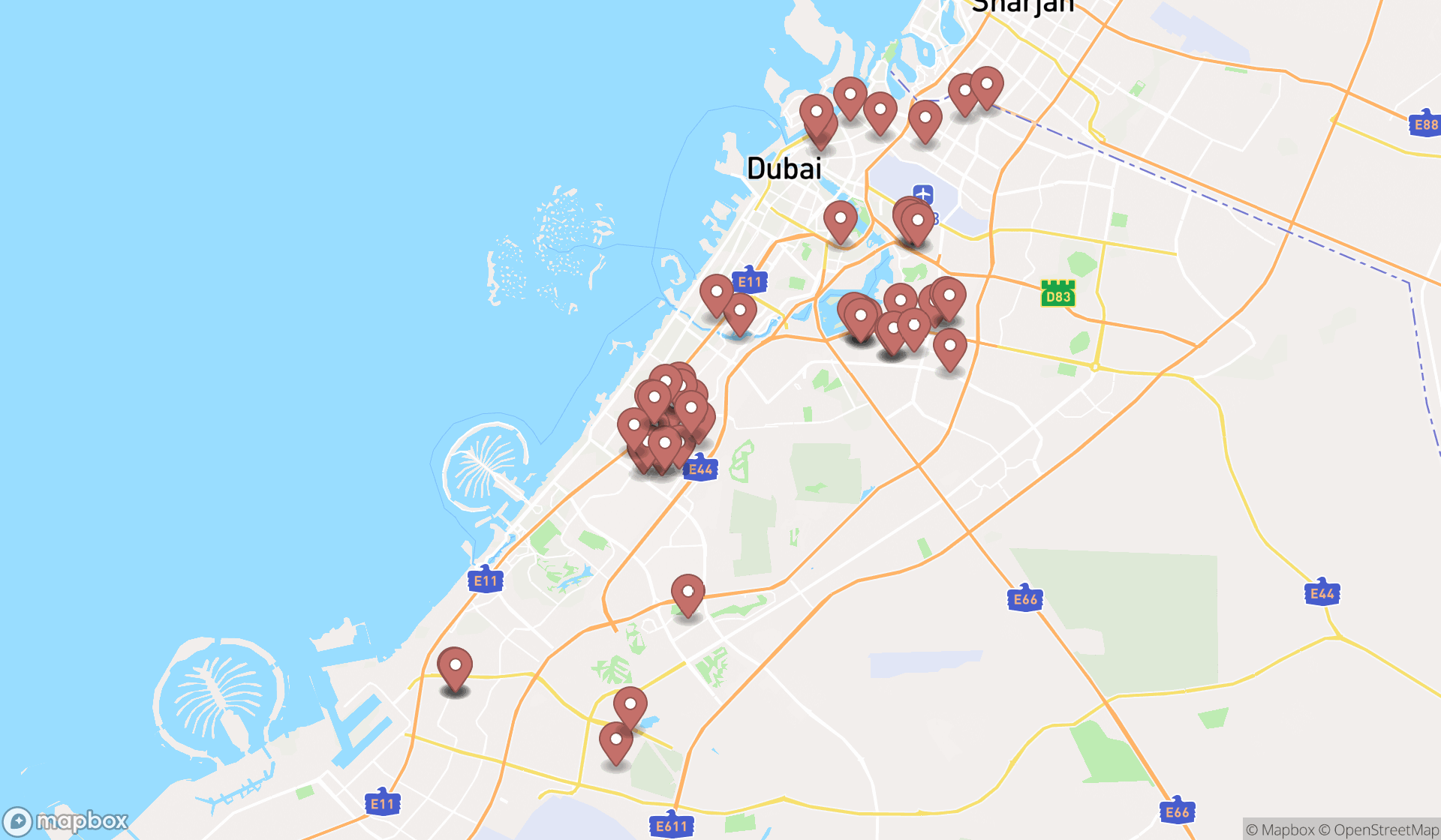 Map showing the search results in Dubai