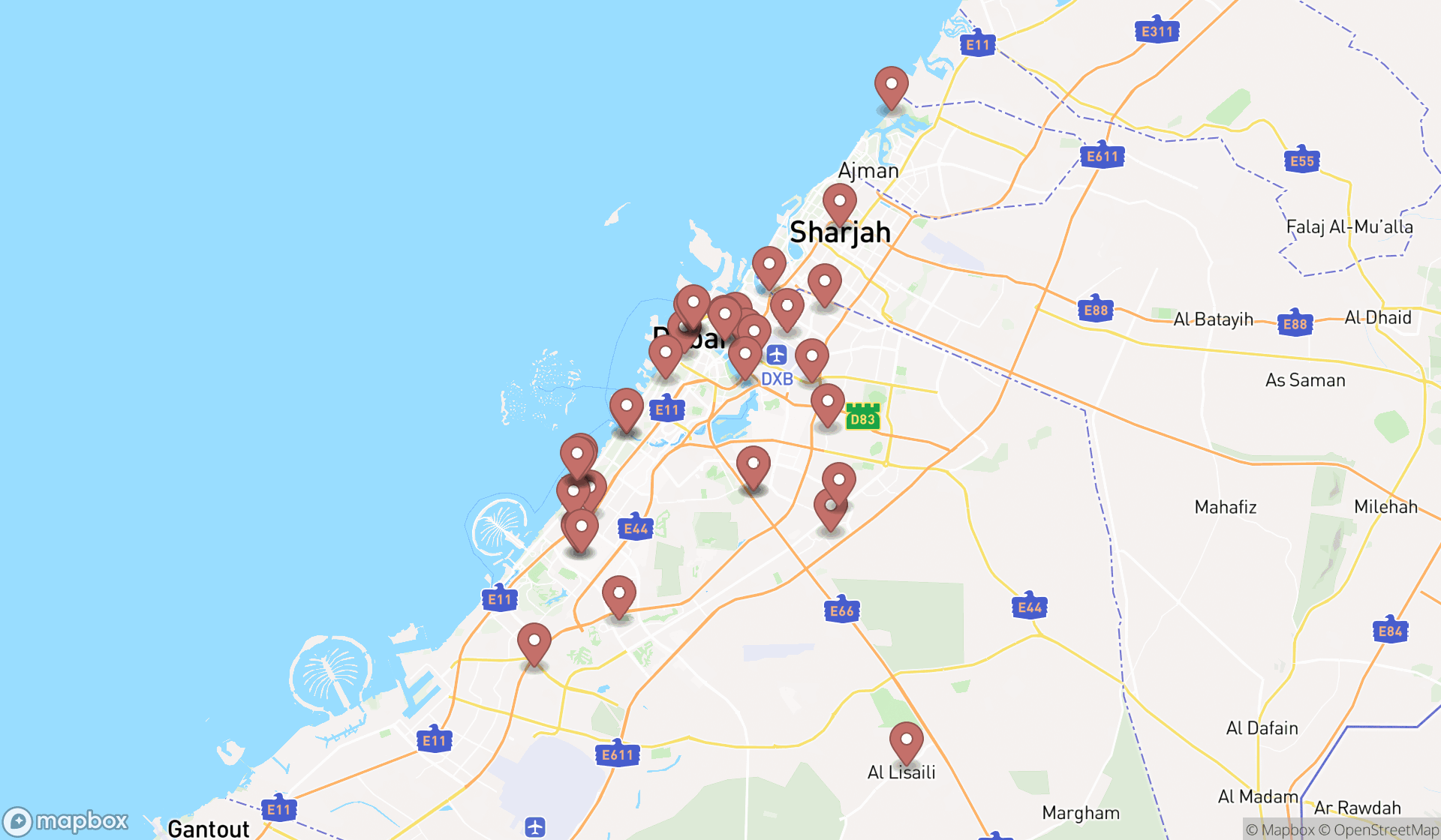 Map showing the search results in Dubai