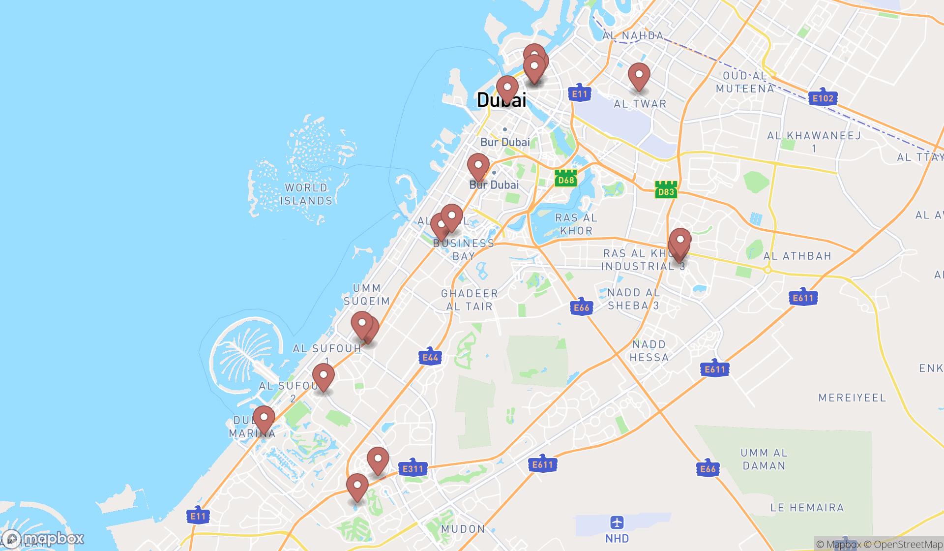 Map showing the search results in Dubai