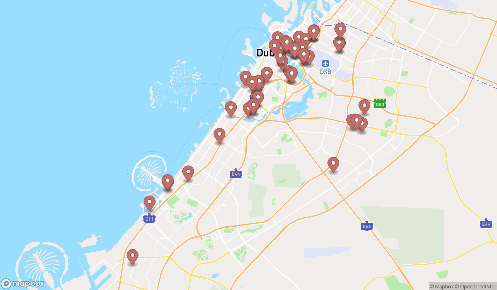Map showing the search results in Dubai