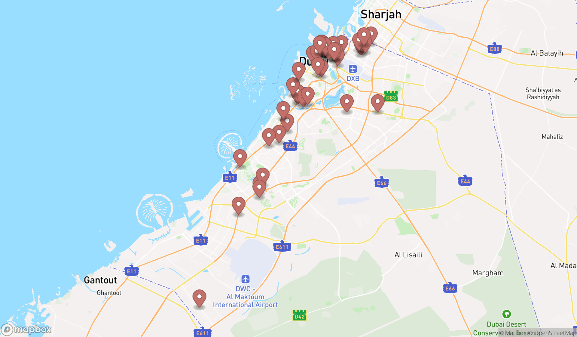 Map showing the search results in Dubai