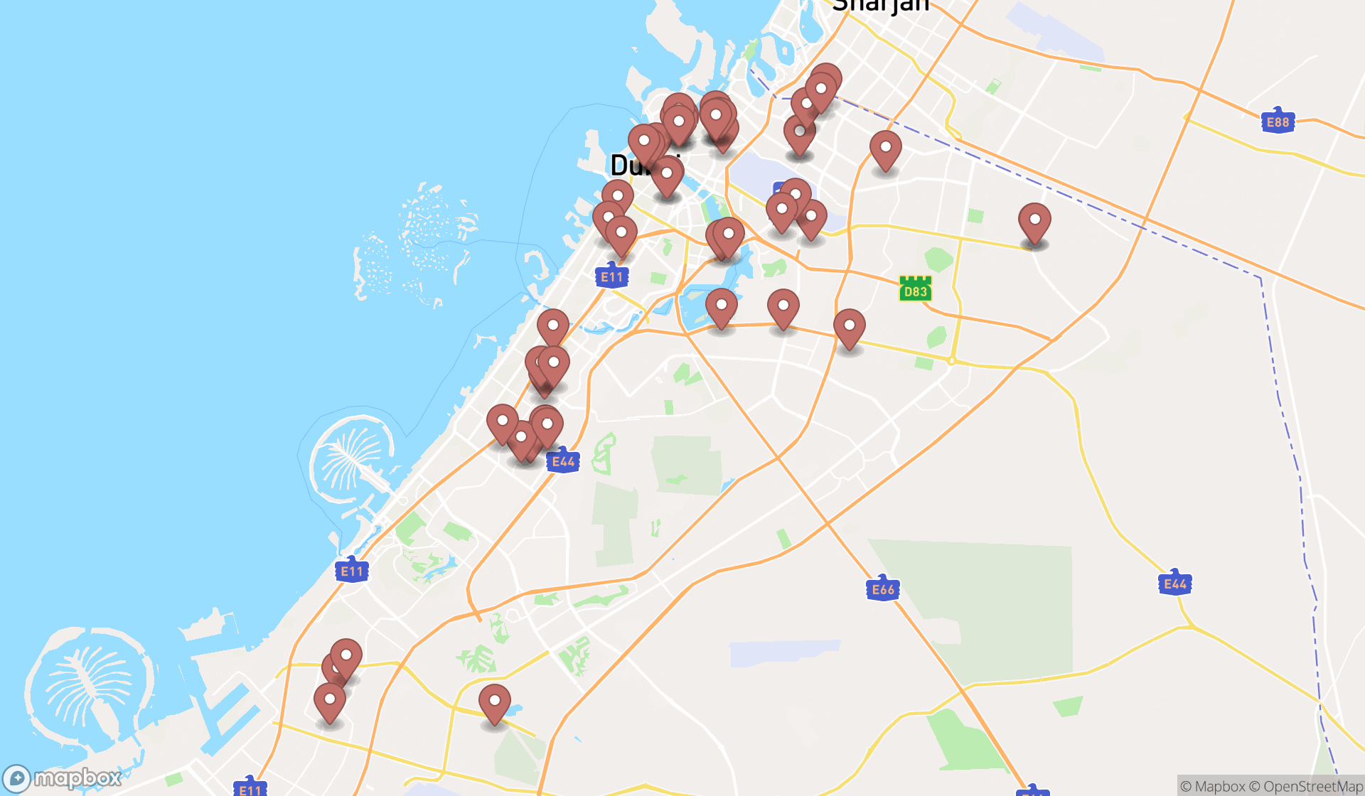 Map showing the search results in Dubai