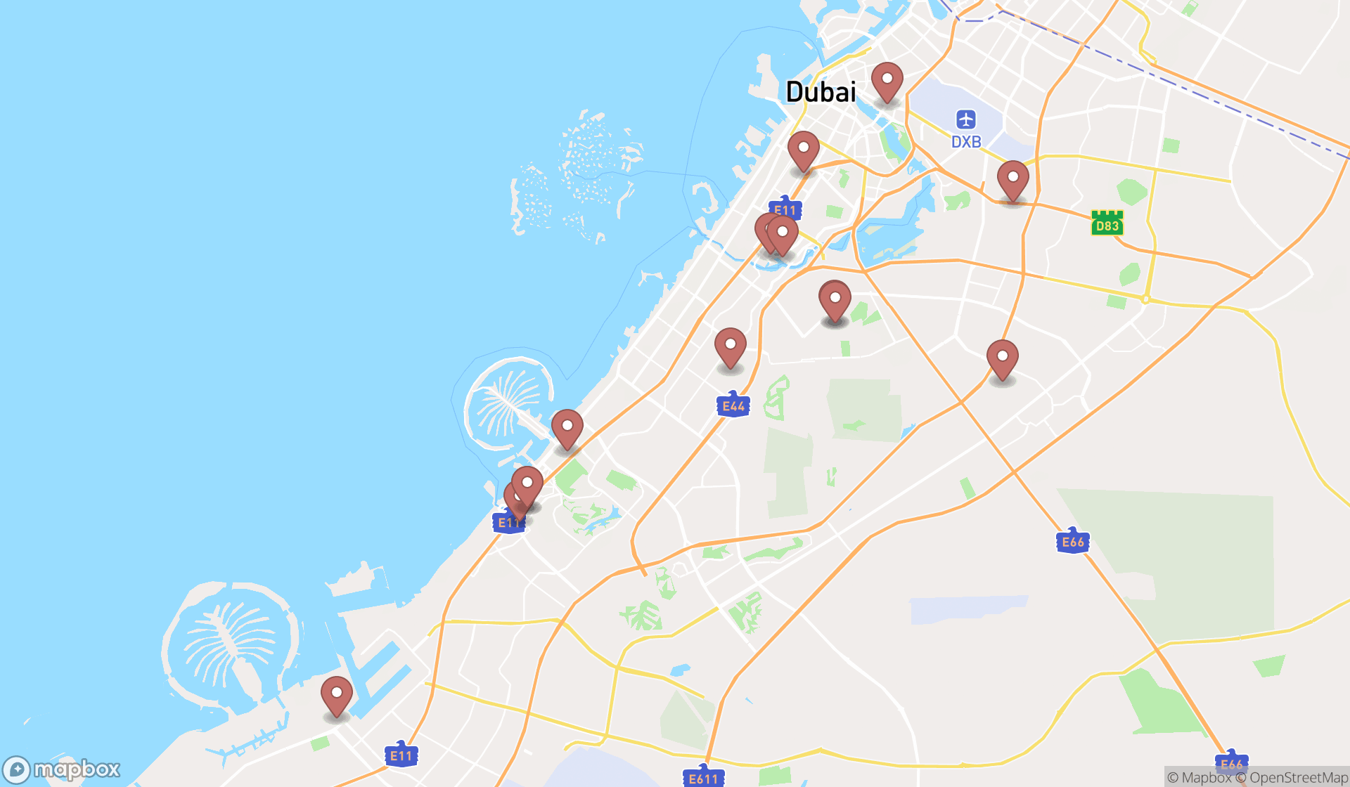 Map showing the search results in Dubai