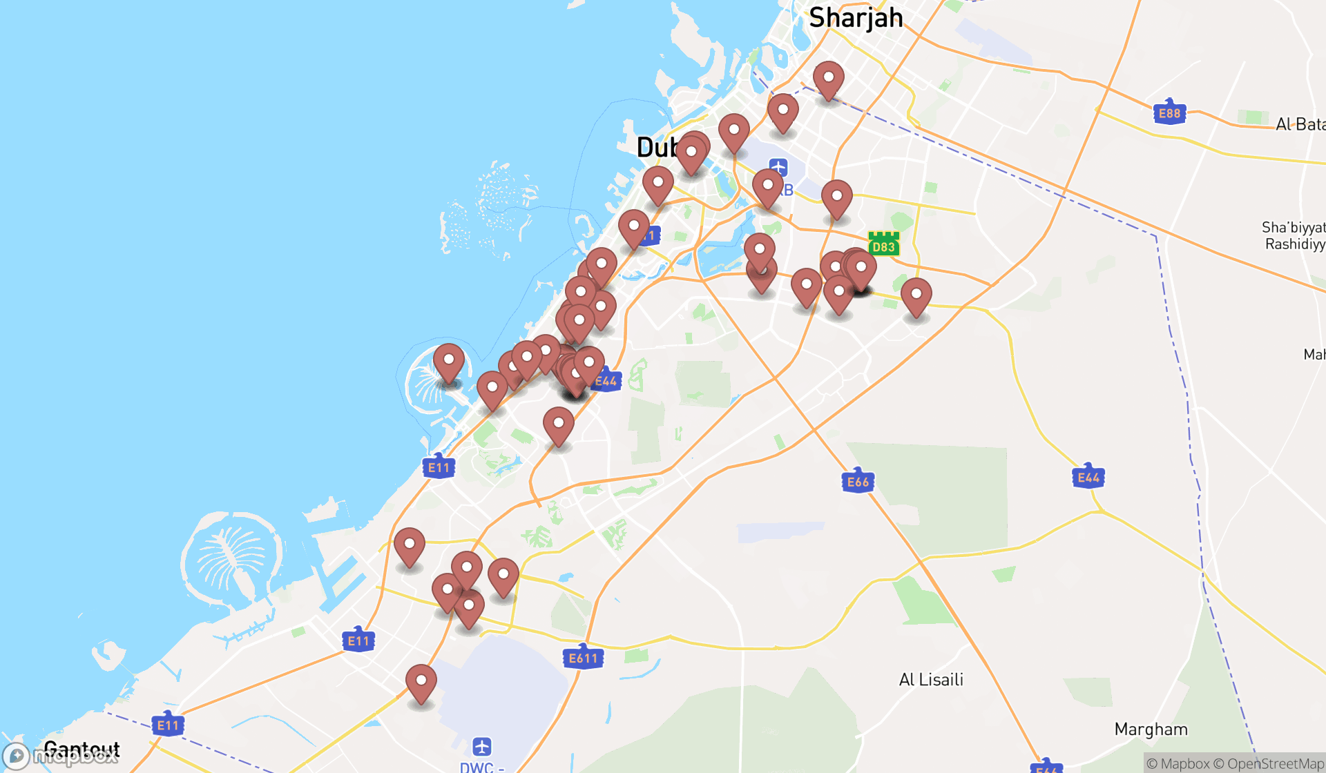 Map showing the search results in Dubai