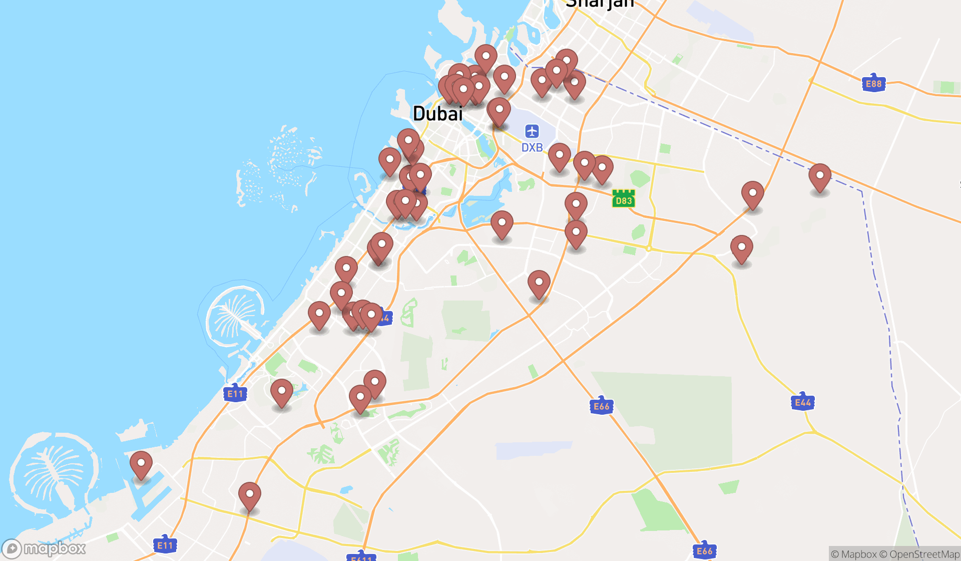 Map showing the search results in Dubai