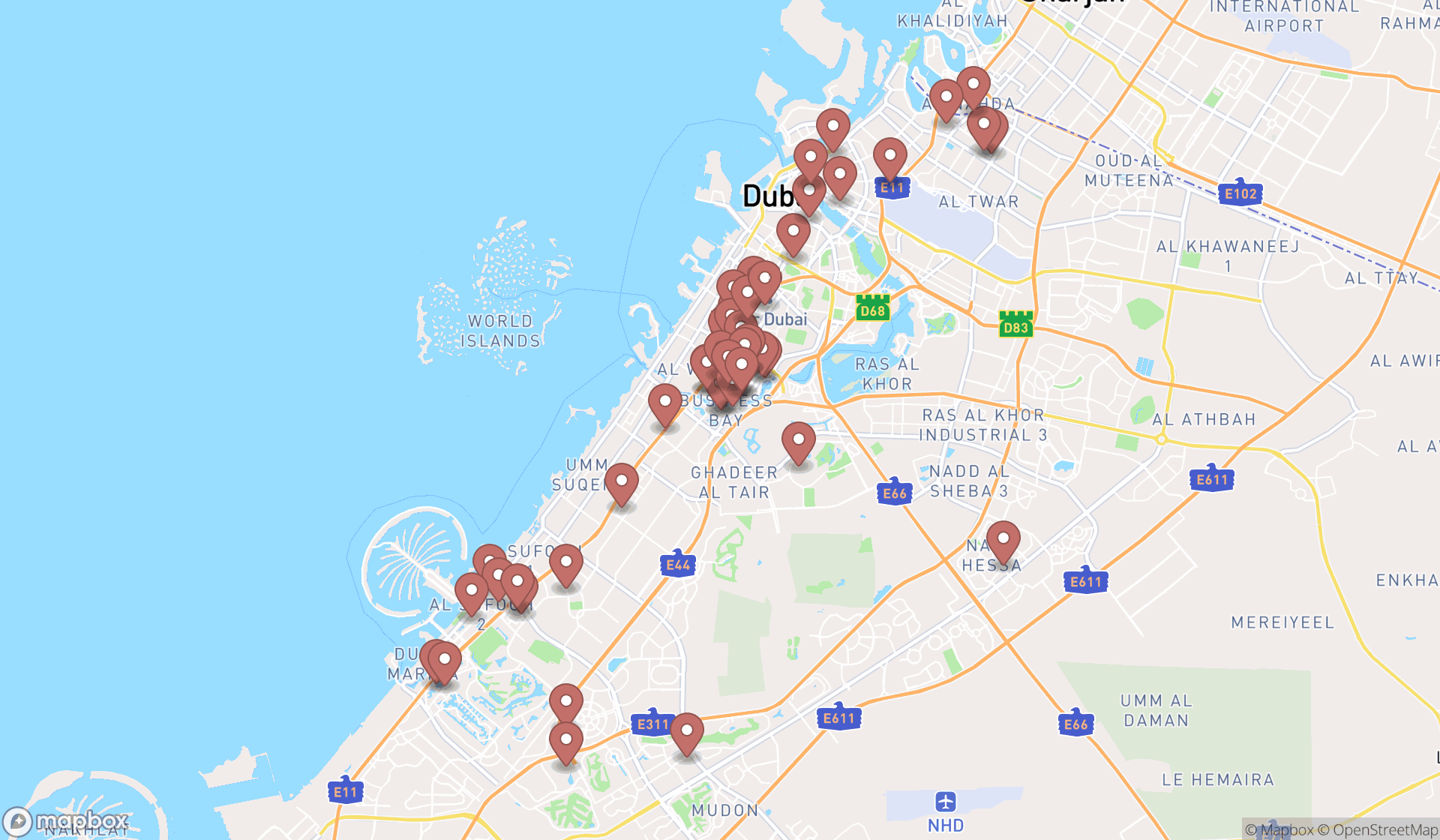 Map showing the search results in Dubai