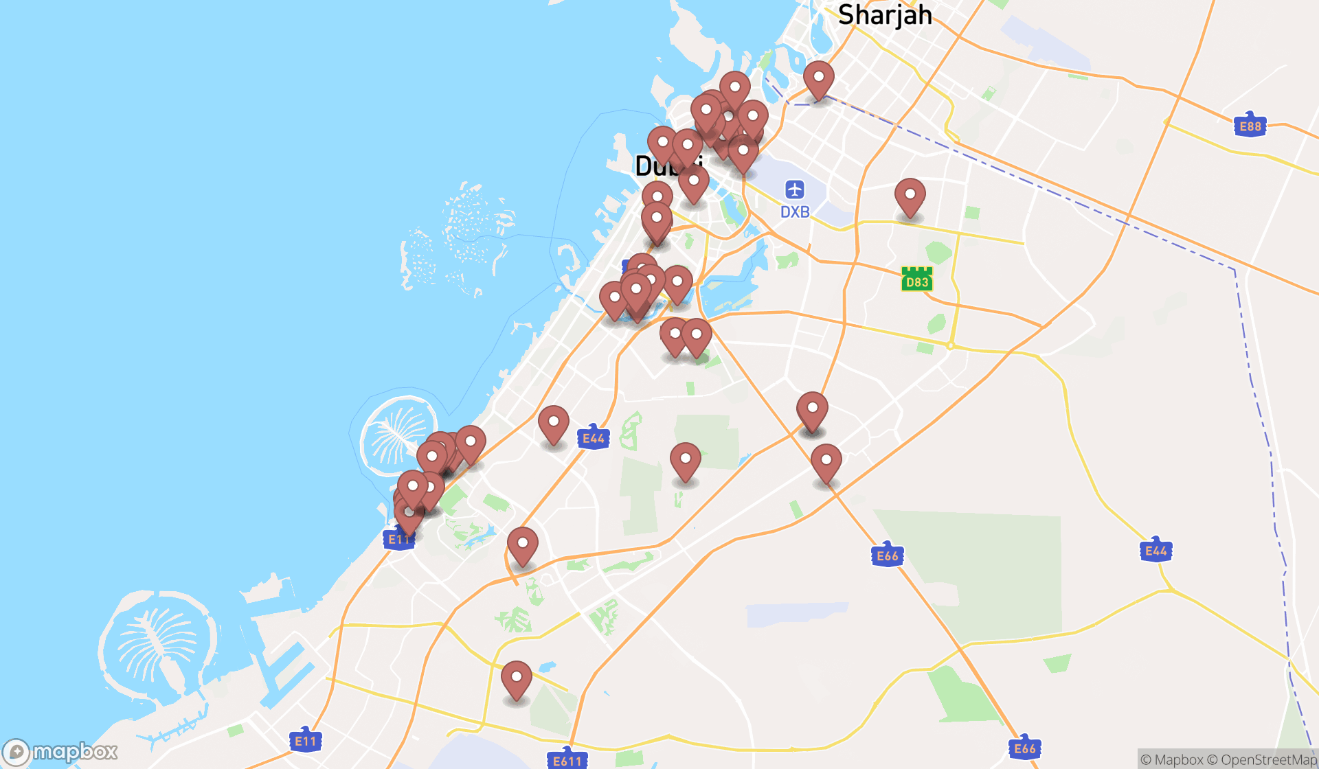 Map showing the search results in Dubai