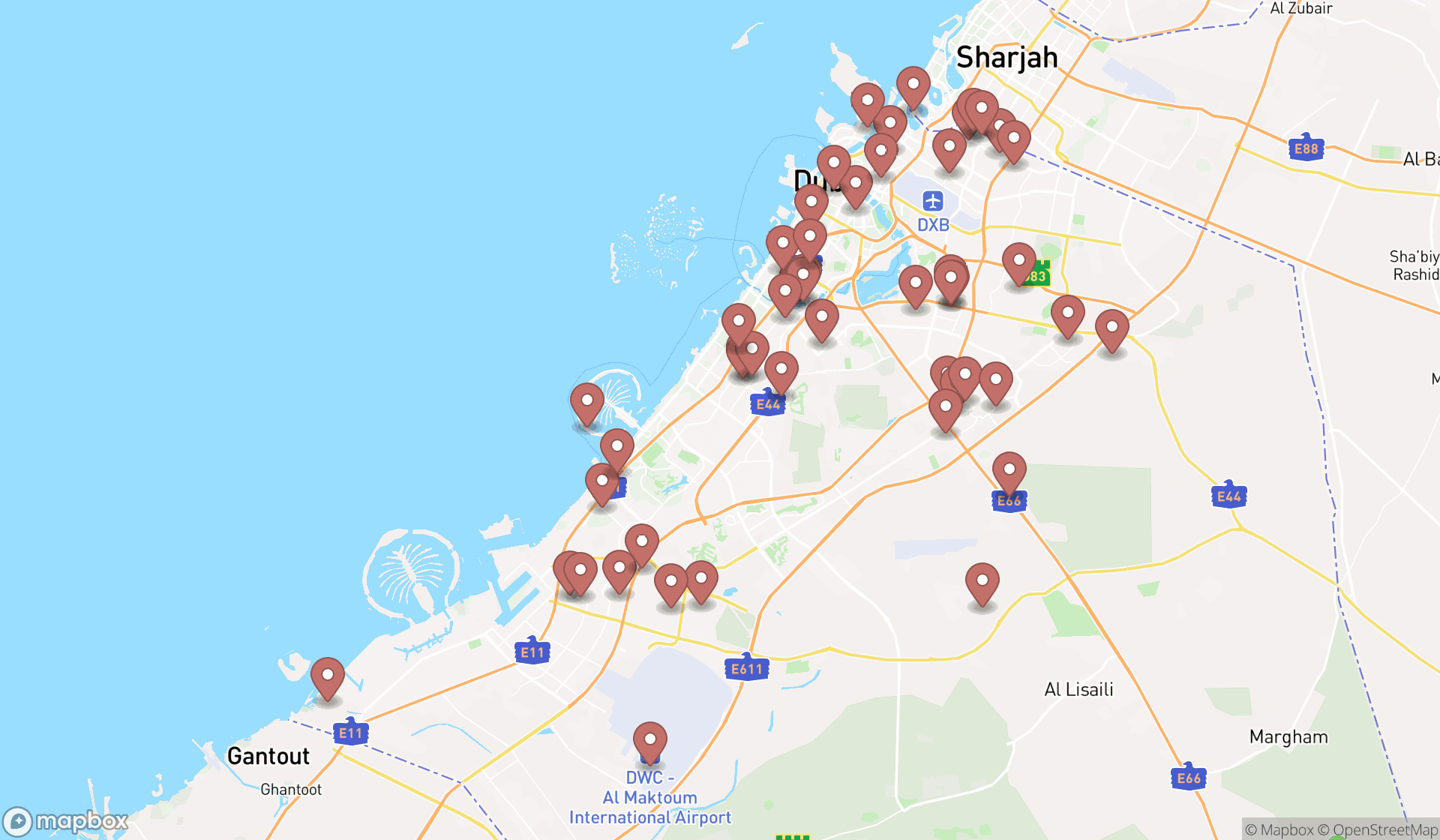 Map showing the search results in Dubai