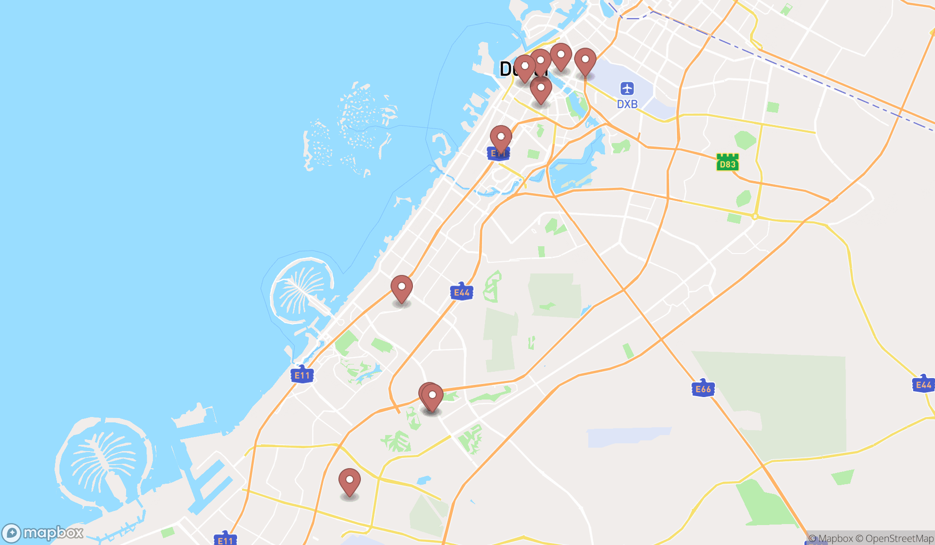 Map showing the search results in Dubai