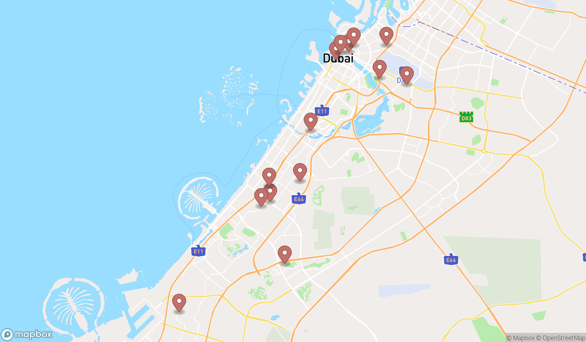 Map showing the search results in Dubai