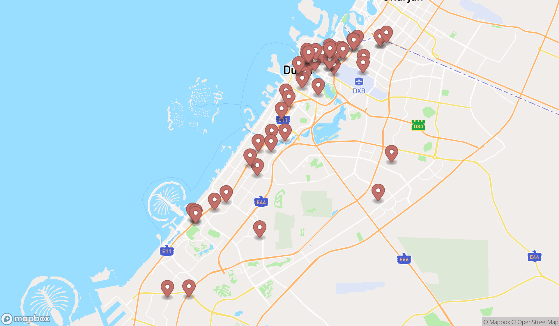 Map showing the search results in Dubai