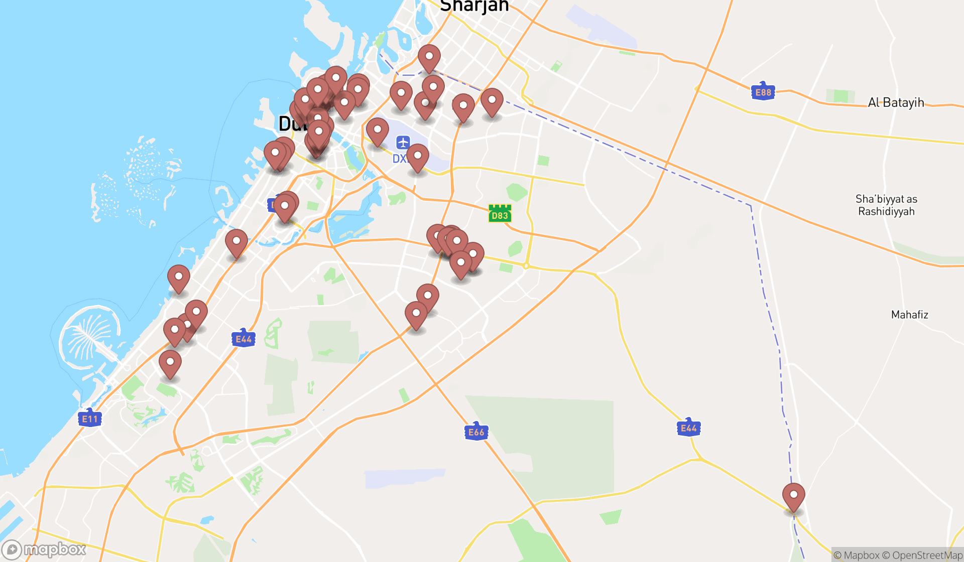 Map showing the search results in Dubai