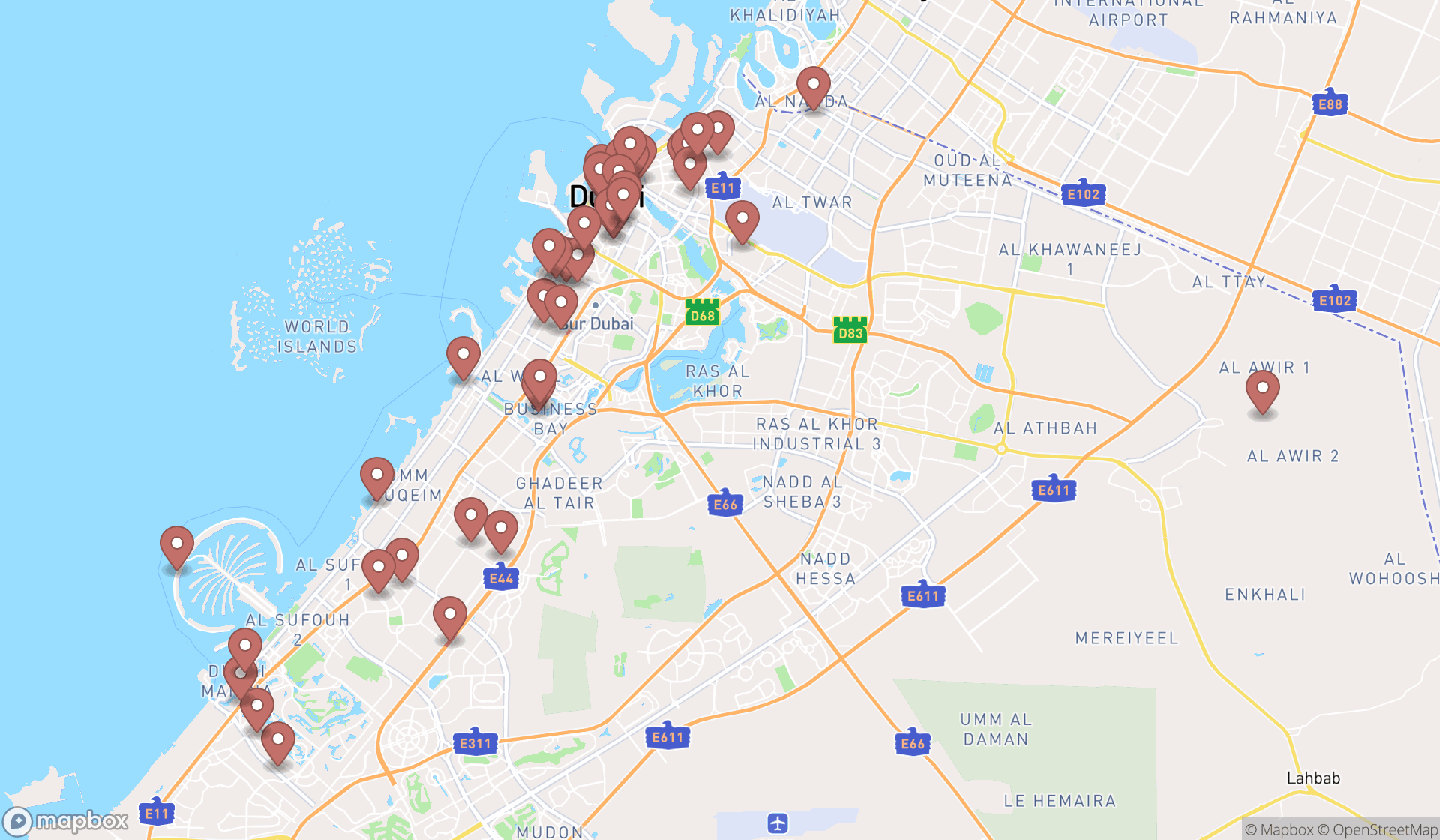 Map showing the search results in Dubai
