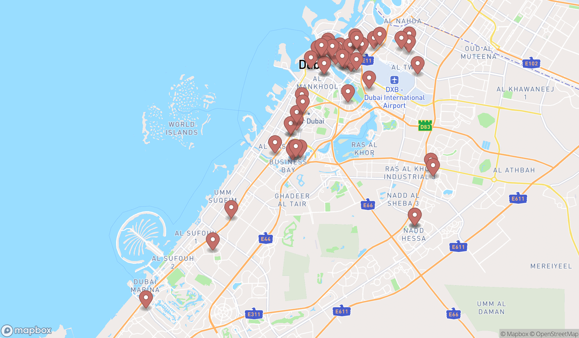 Map showing the search results in Dubai