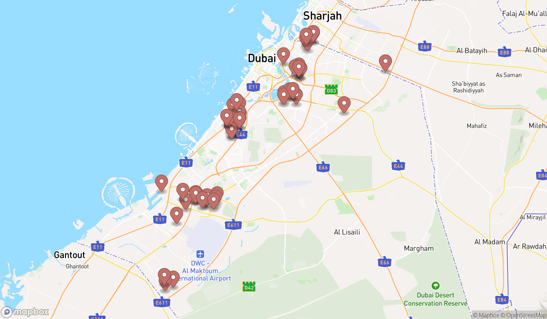 Map showing the search results in Dubai