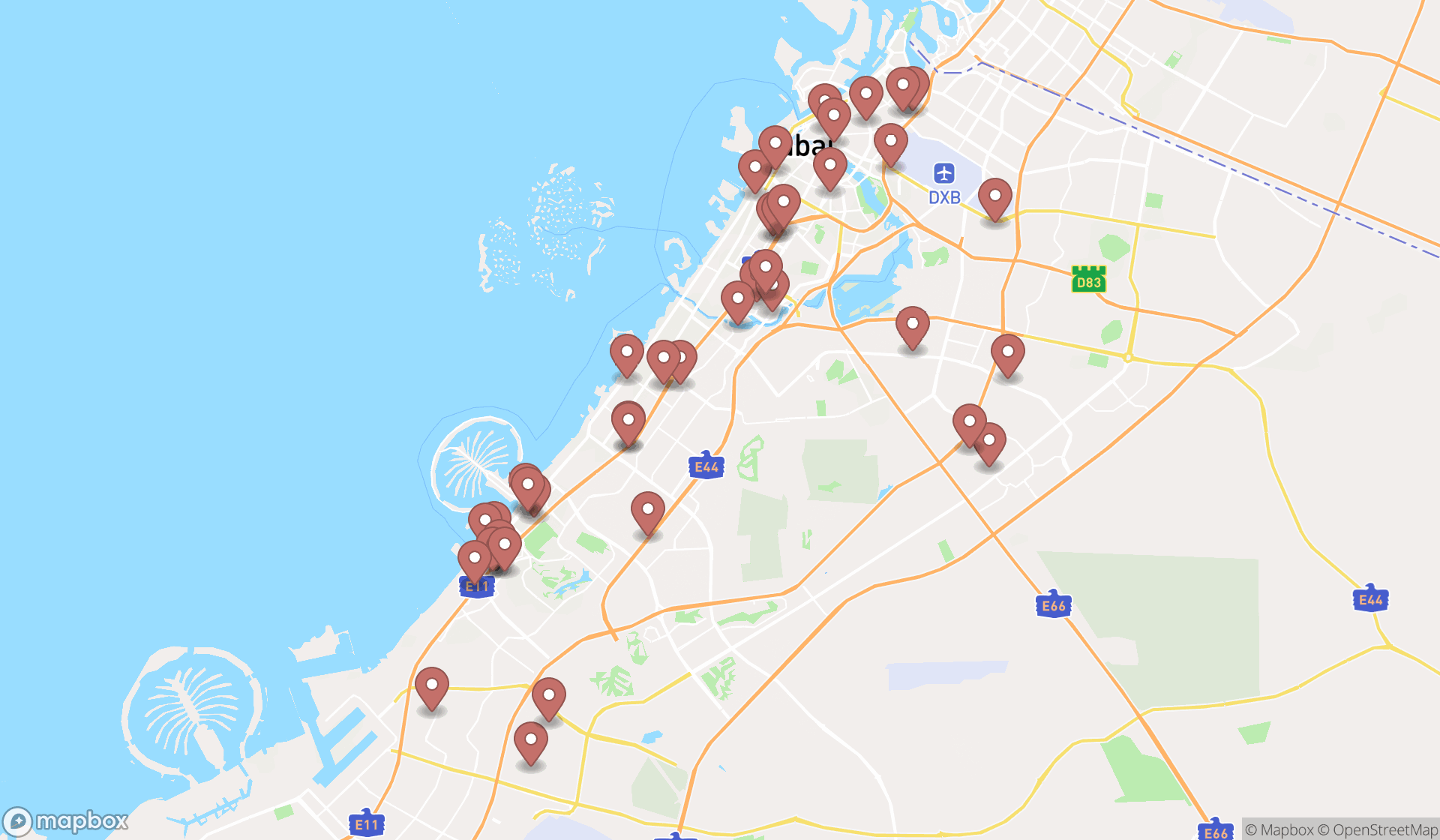 Map showing the search results in Dubai