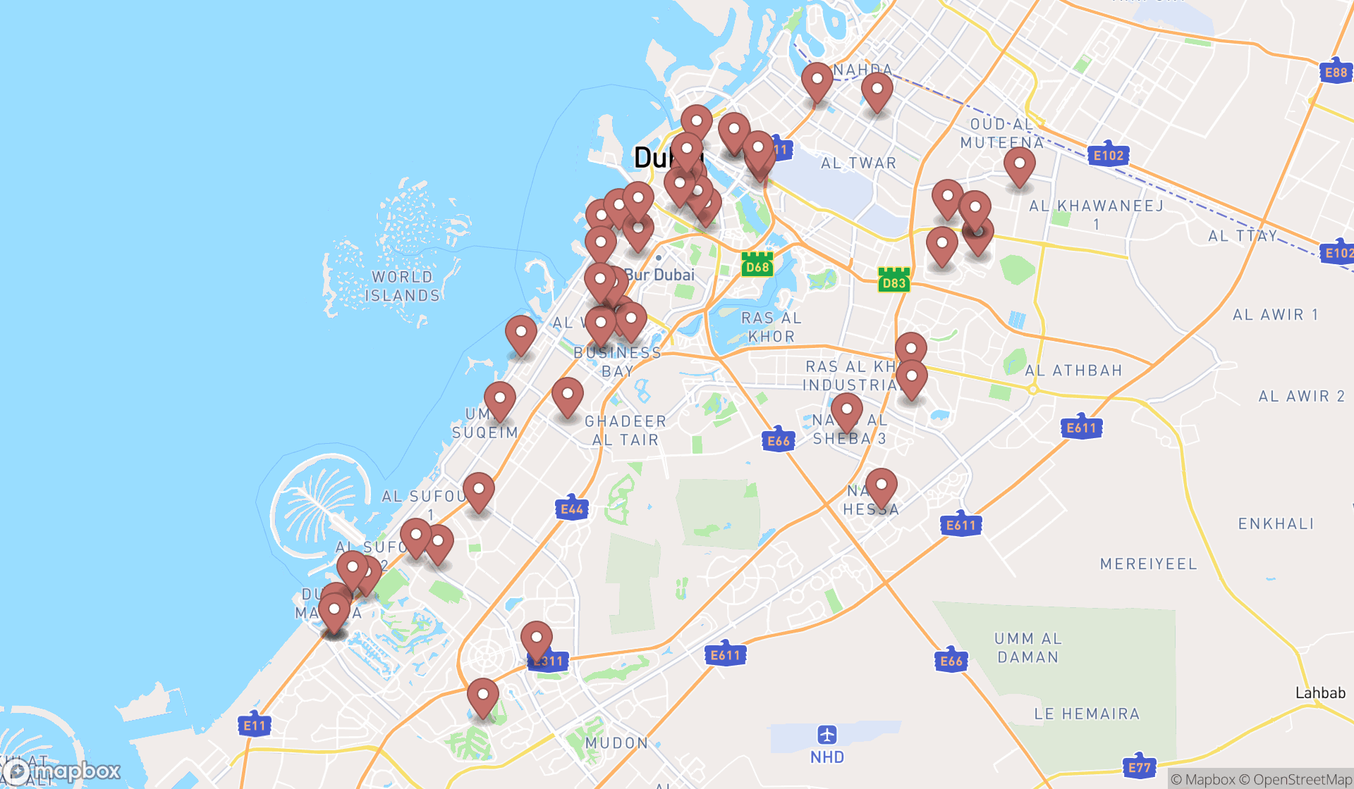 Map showing the search results in Dubai