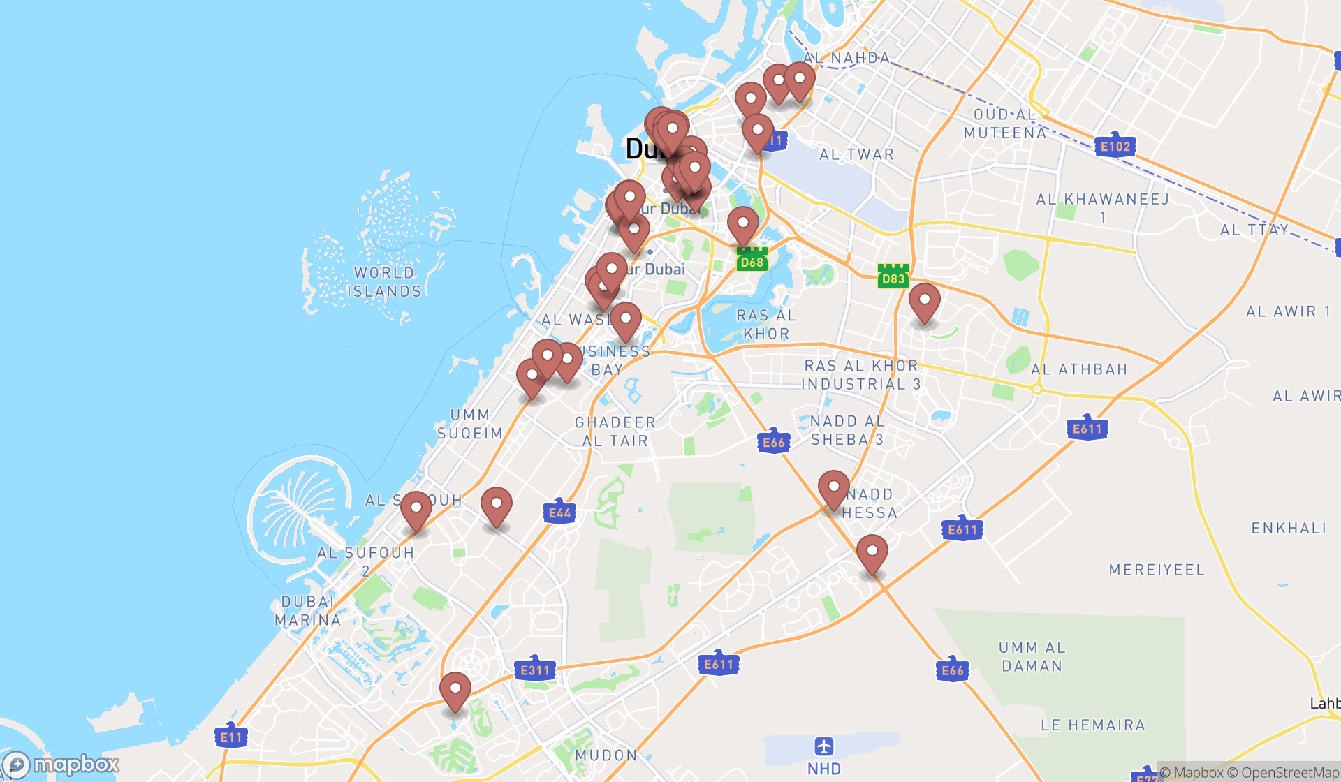 Map showing the search results in Dubai