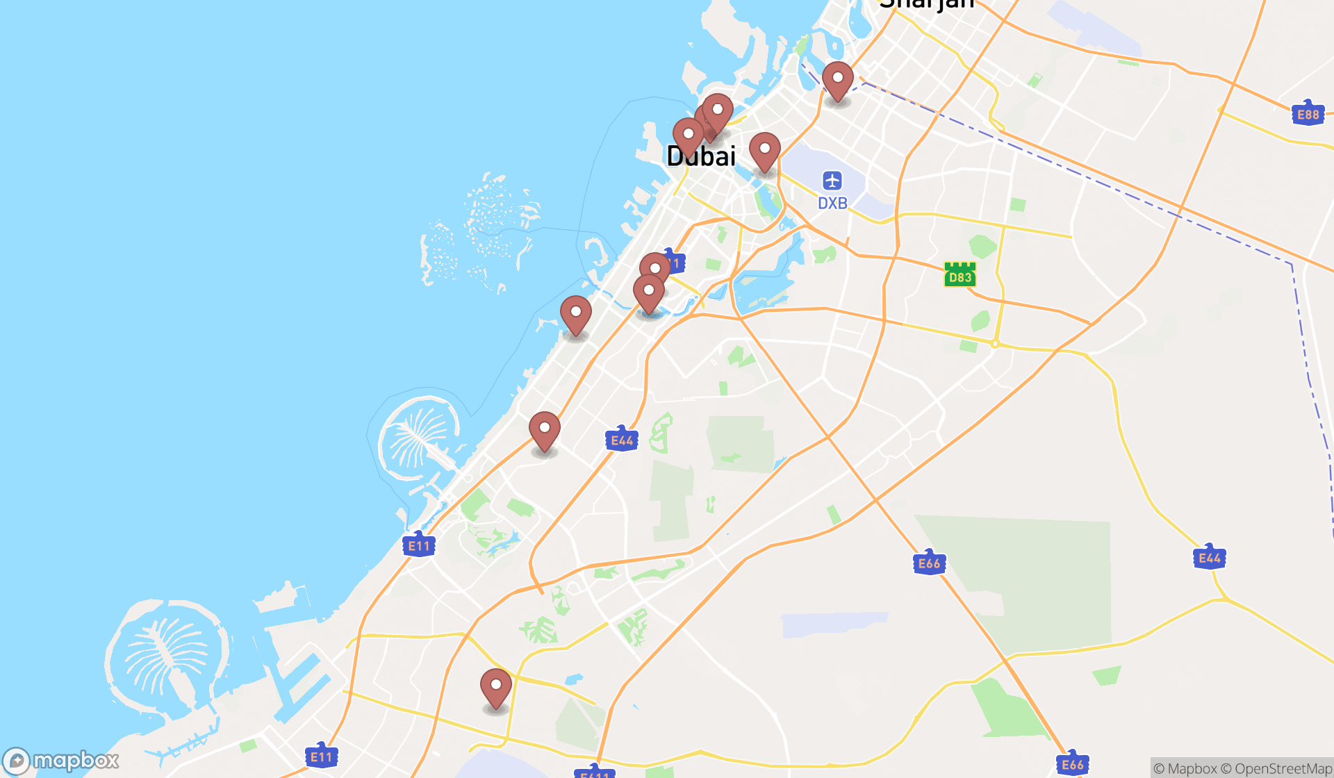 Map showing the search results in Dubai