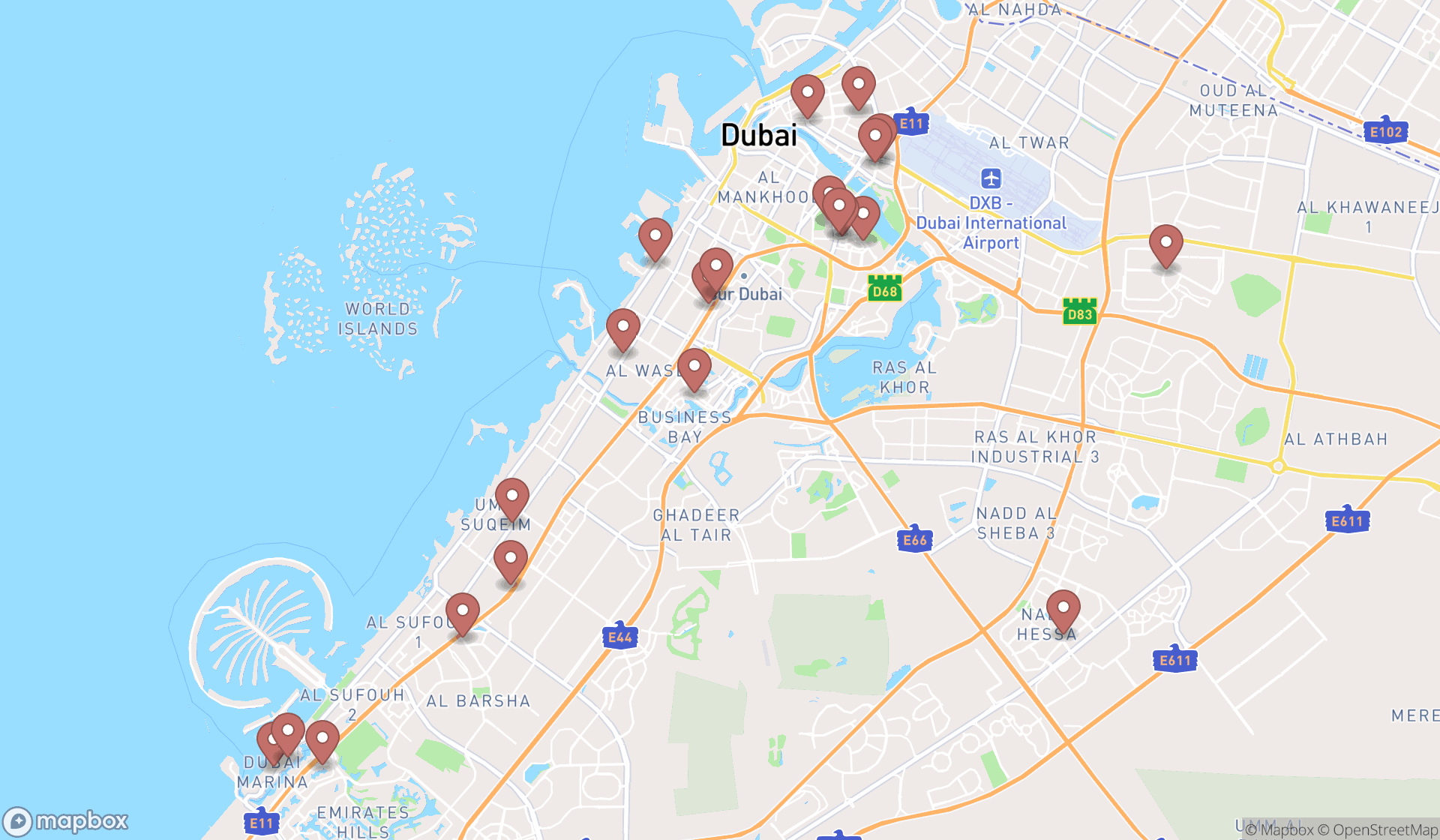 Map showing the search results in Dubai