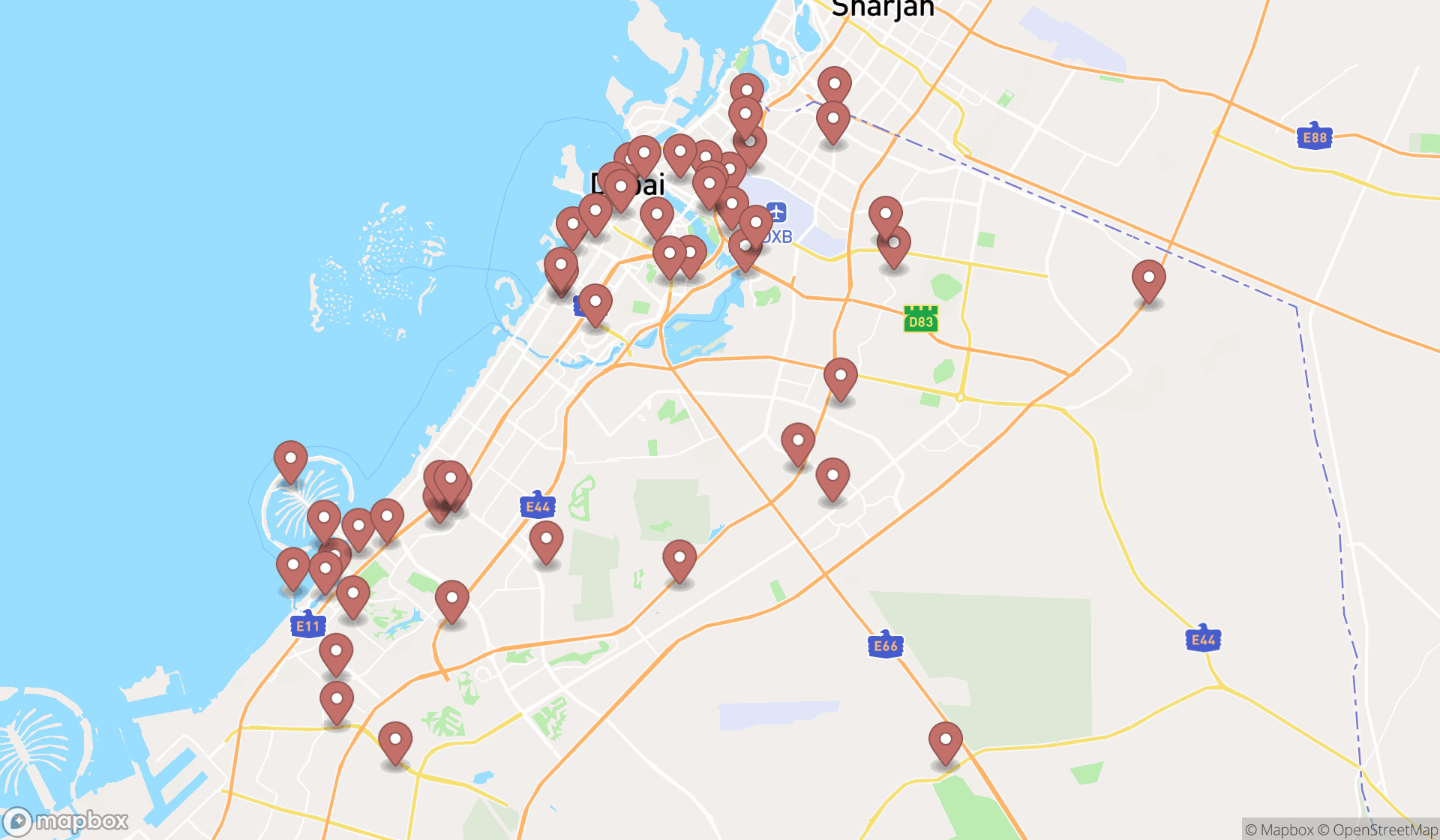 Map showing the search results in Dubai