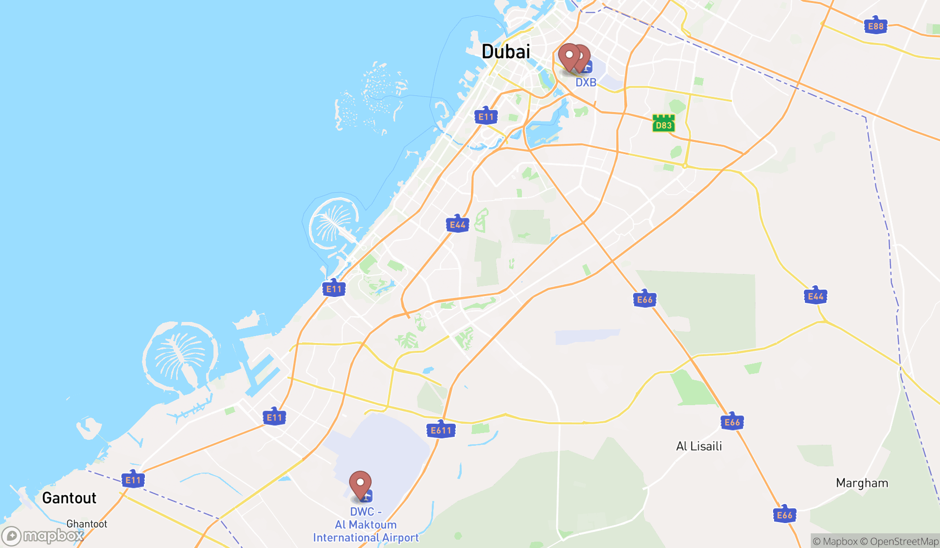 Map showing the search results in Dubai