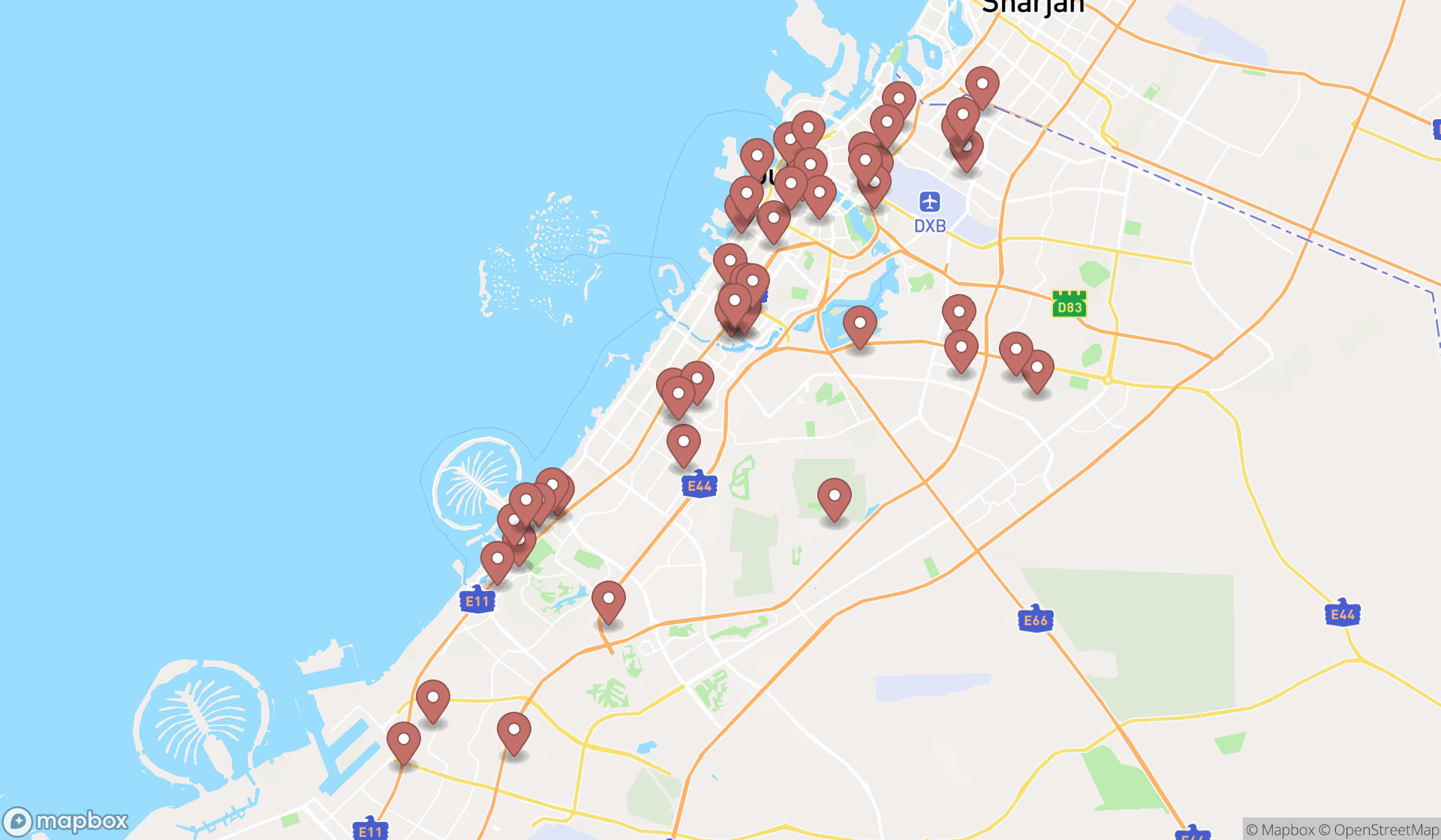 Map showing the search results in Dubai