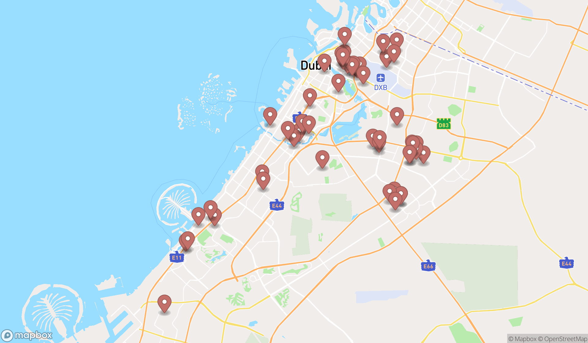 Map showing the search results in Dubai