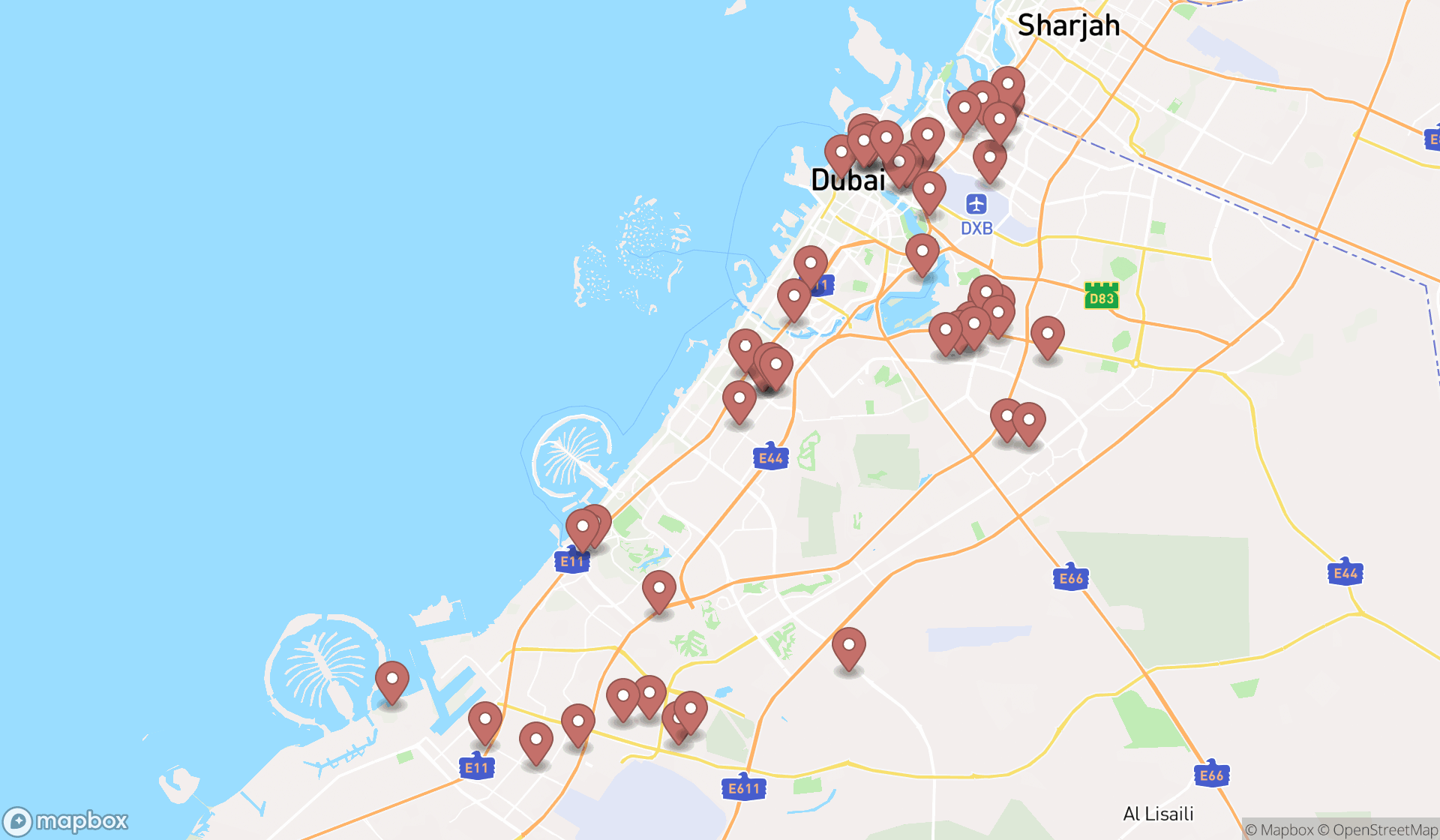Map showing the search results in Dubai