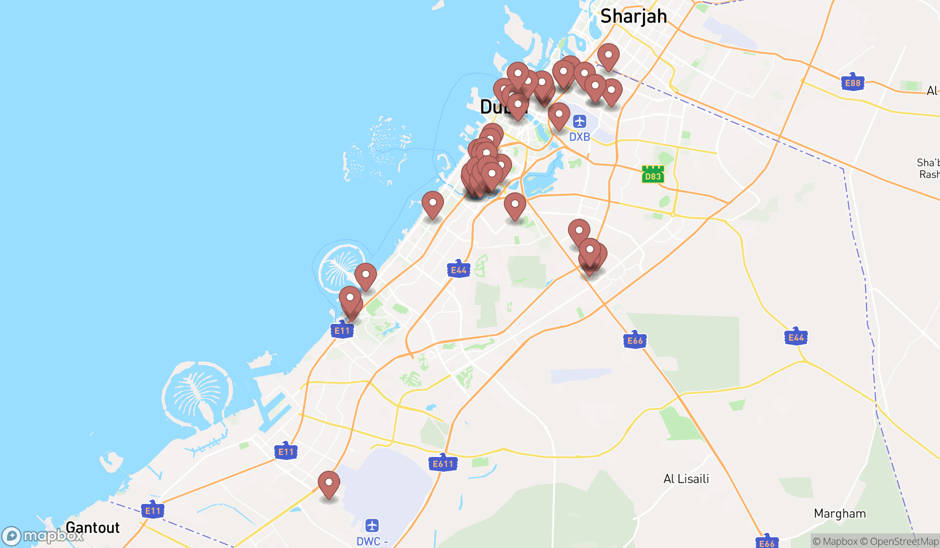 Map showing the search results in Dubai