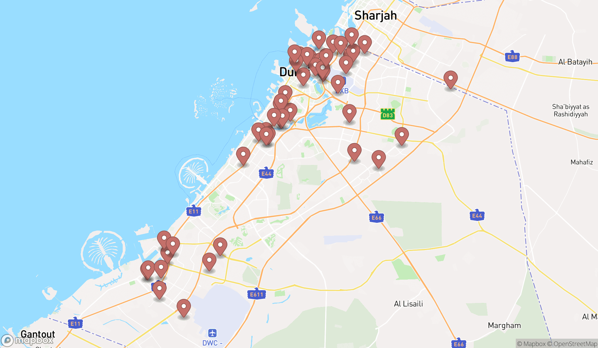 Map showing the search results in Dubai