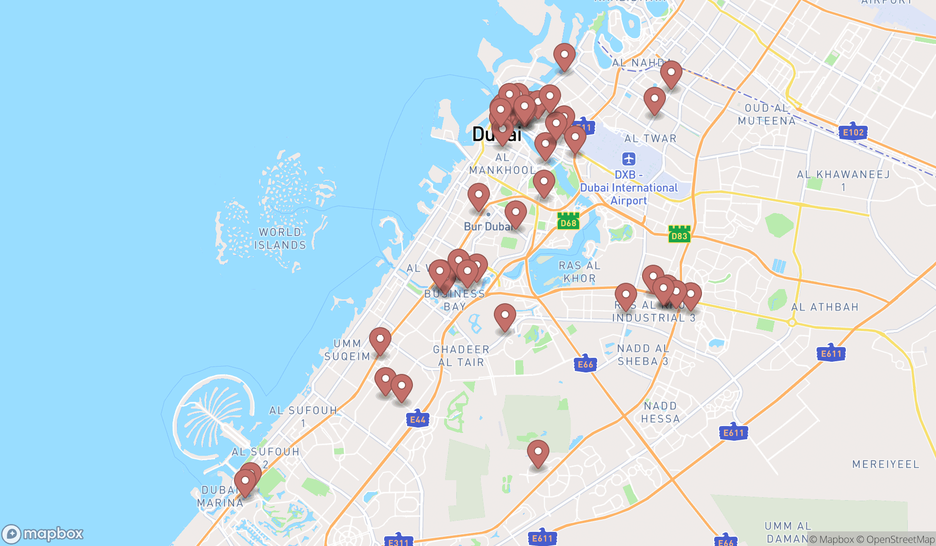 Map showing the search results in Dubai