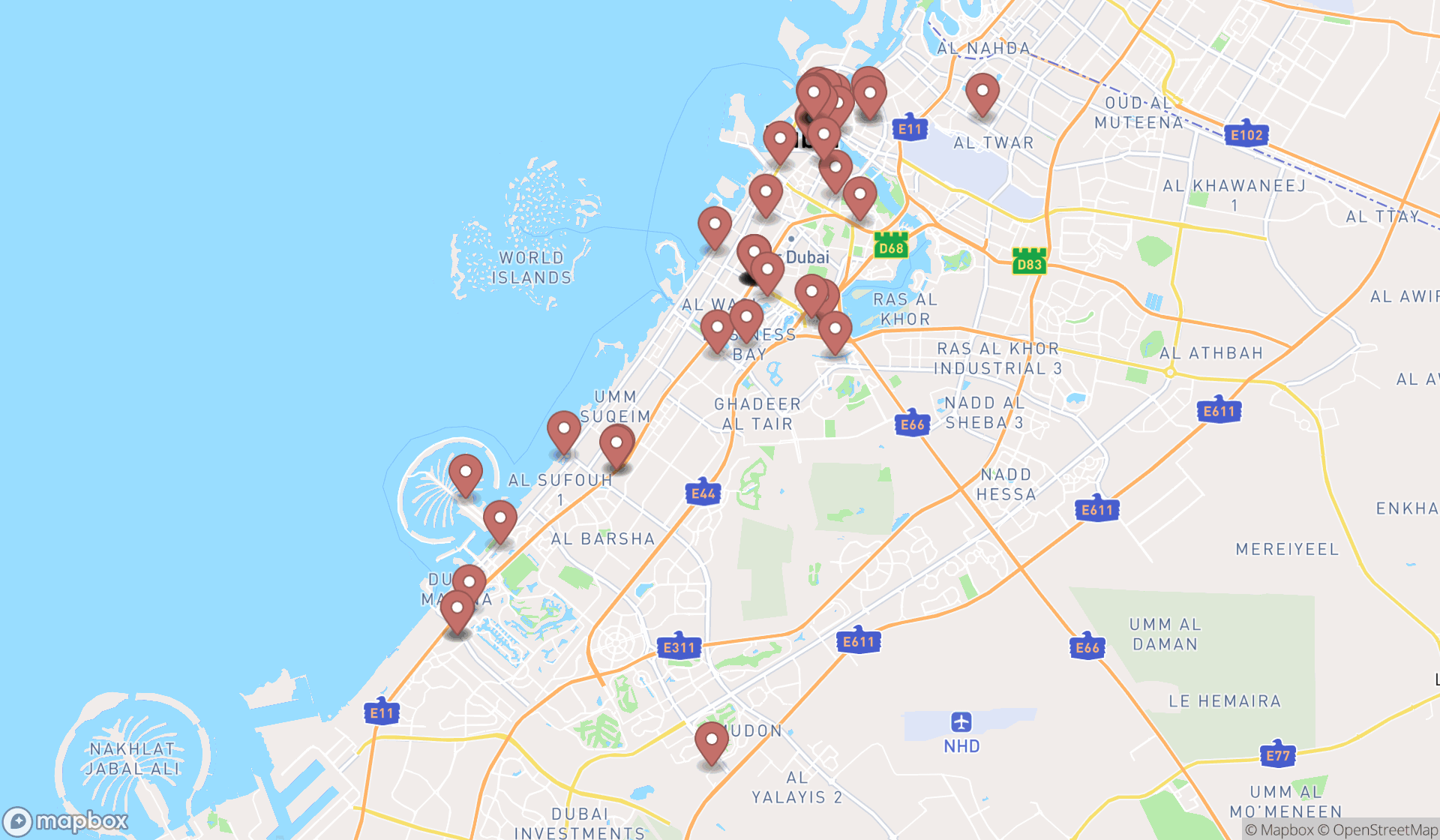 Map showing the search results in Dubai