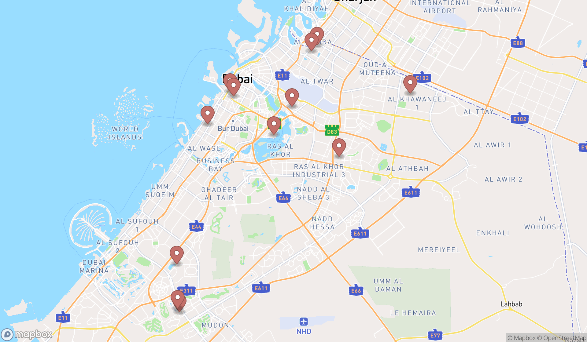 Map showing the search results in Dubai