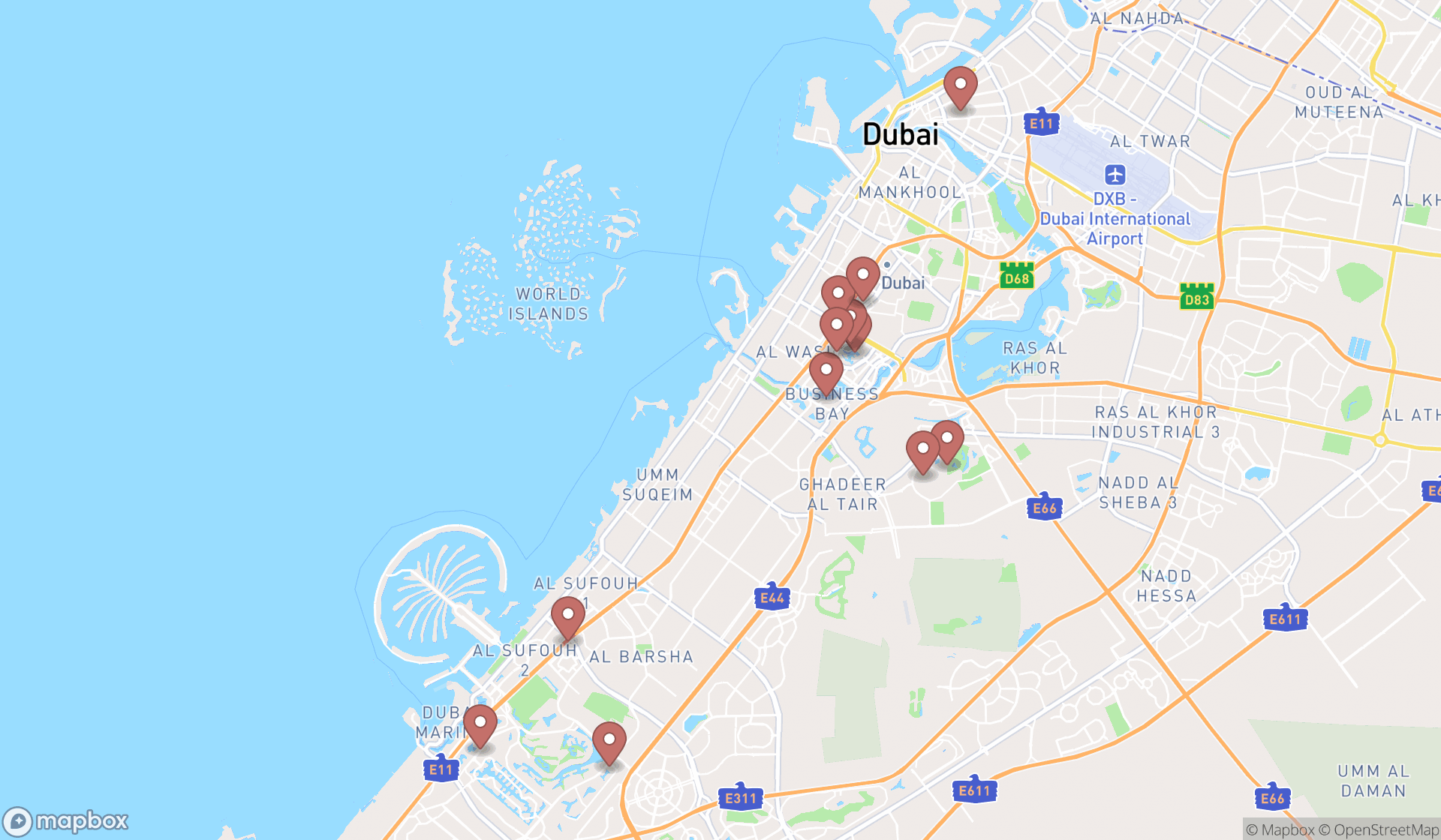 Map showing the search results in Dubai