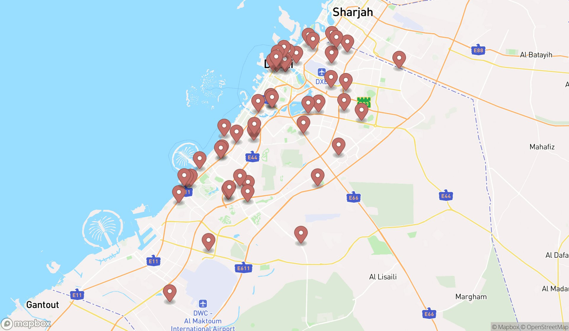 Map showing the search results in Dubai