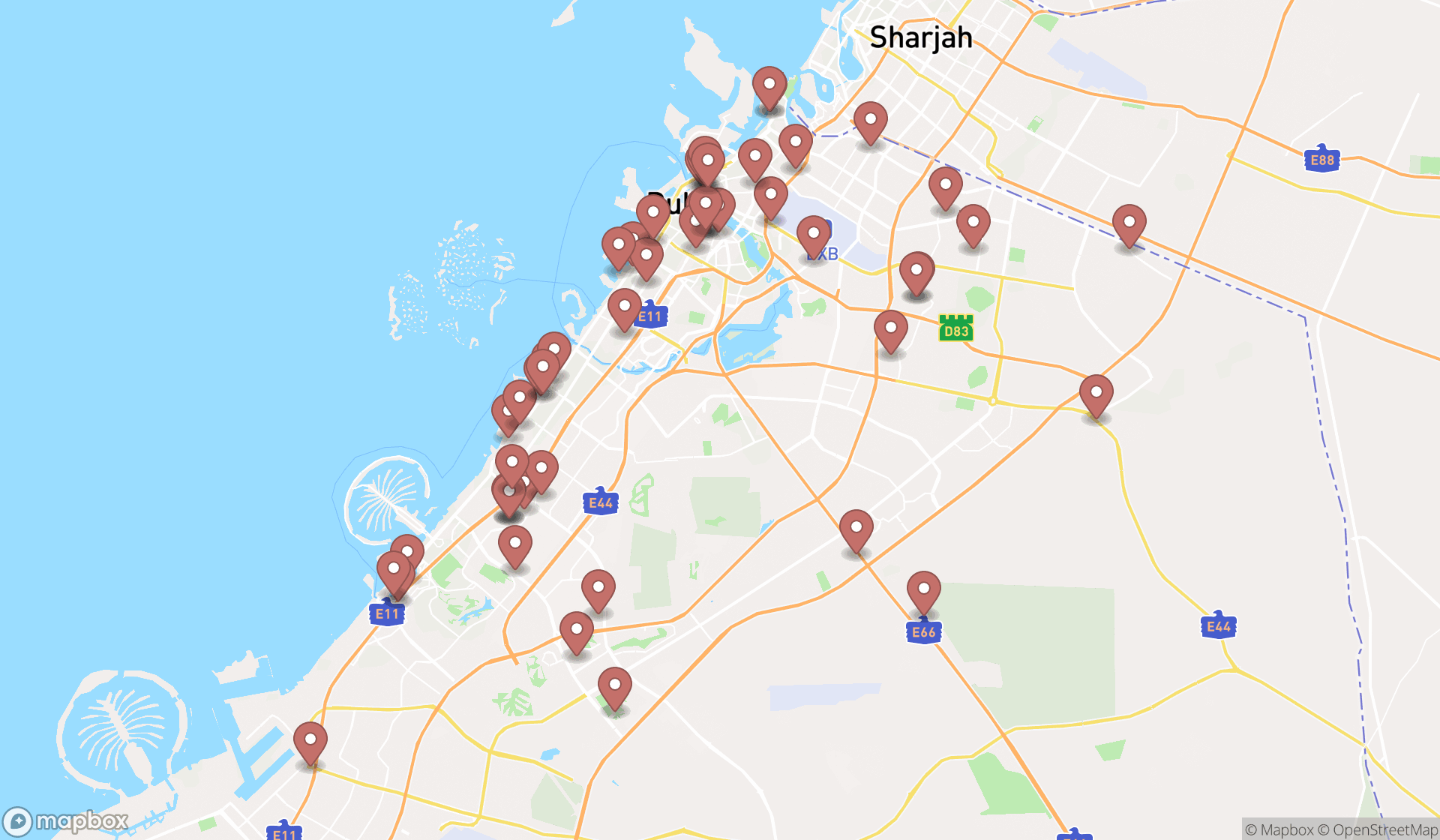 Map showing the search results in Dubai