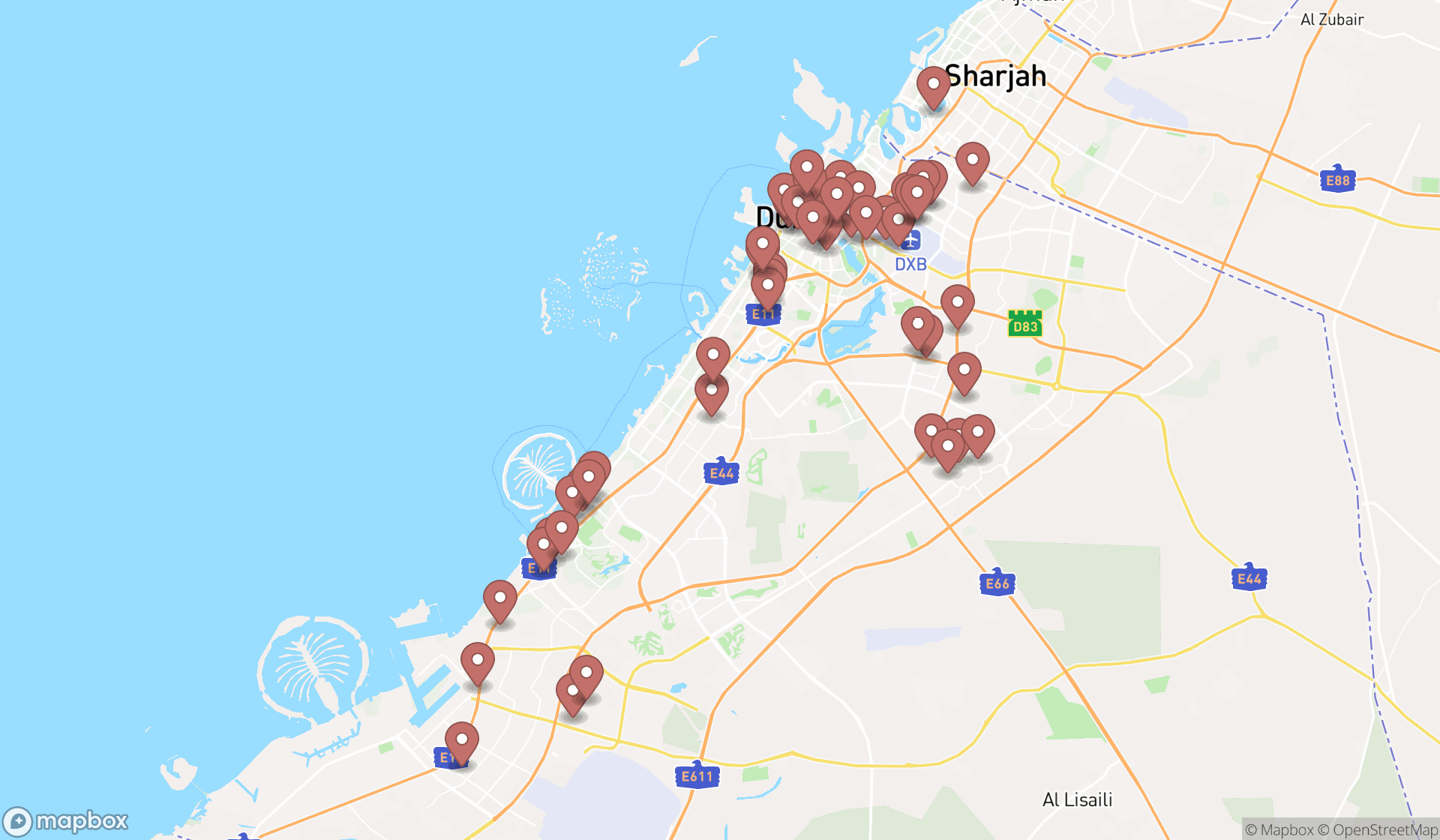 Map showing the search results in Dubai