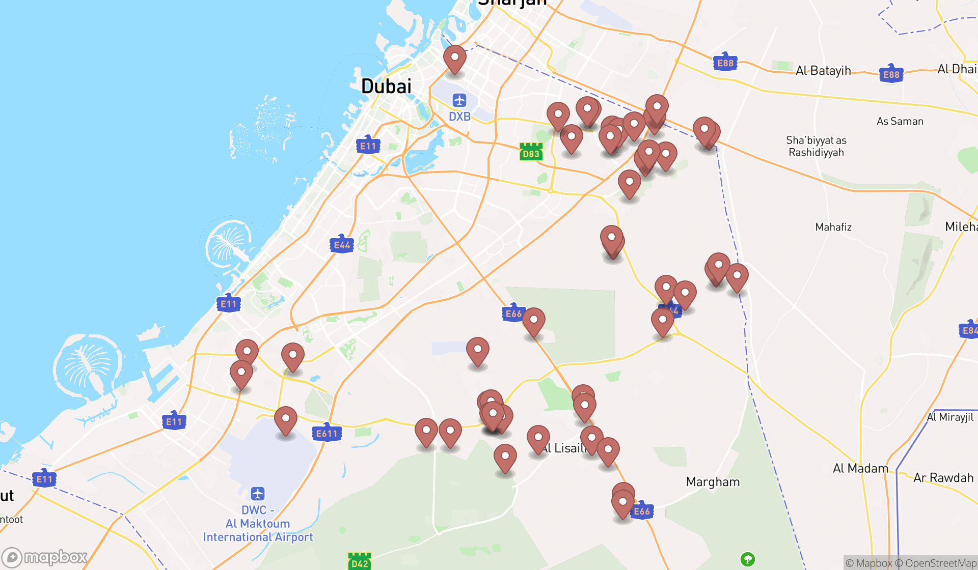 Map showing the search results in Dubai