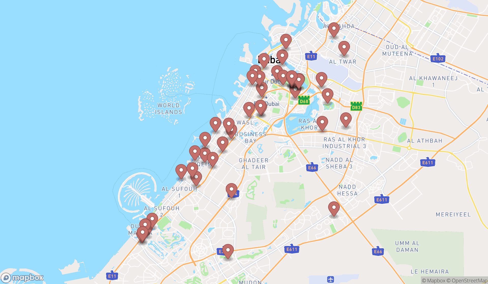 Map showing the search results in Dubai