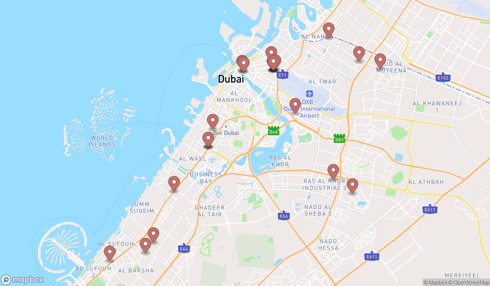 Map showing the search results in Dubai