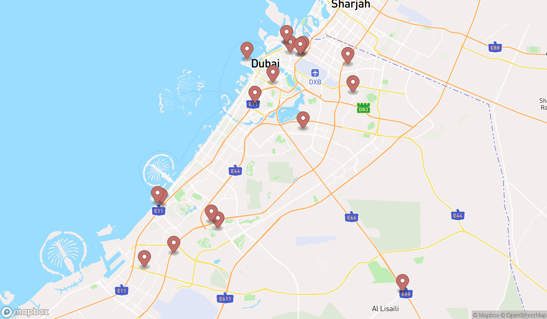 Map showing the search results in Dubai