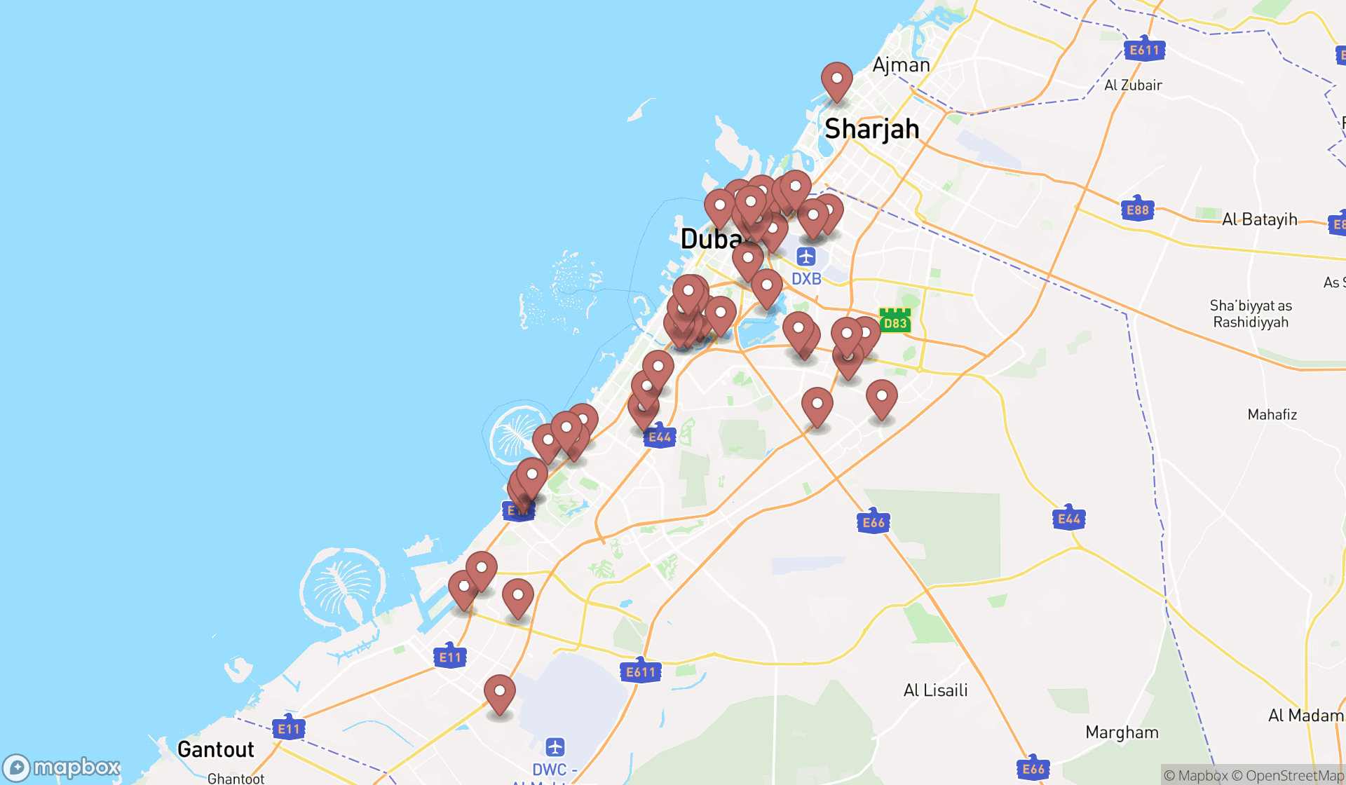 Map showing the search results in Dubai