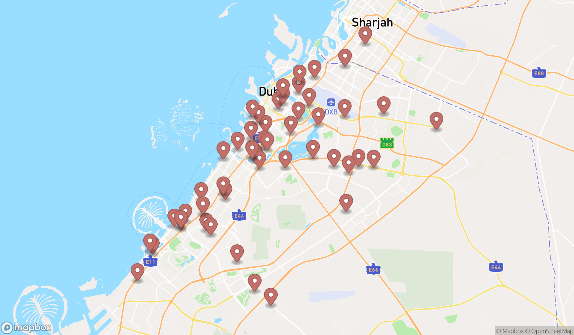 Map showing the search results in Dubai