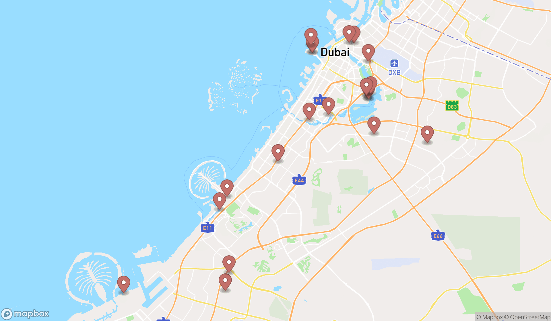 Map showing the search results in Dubai