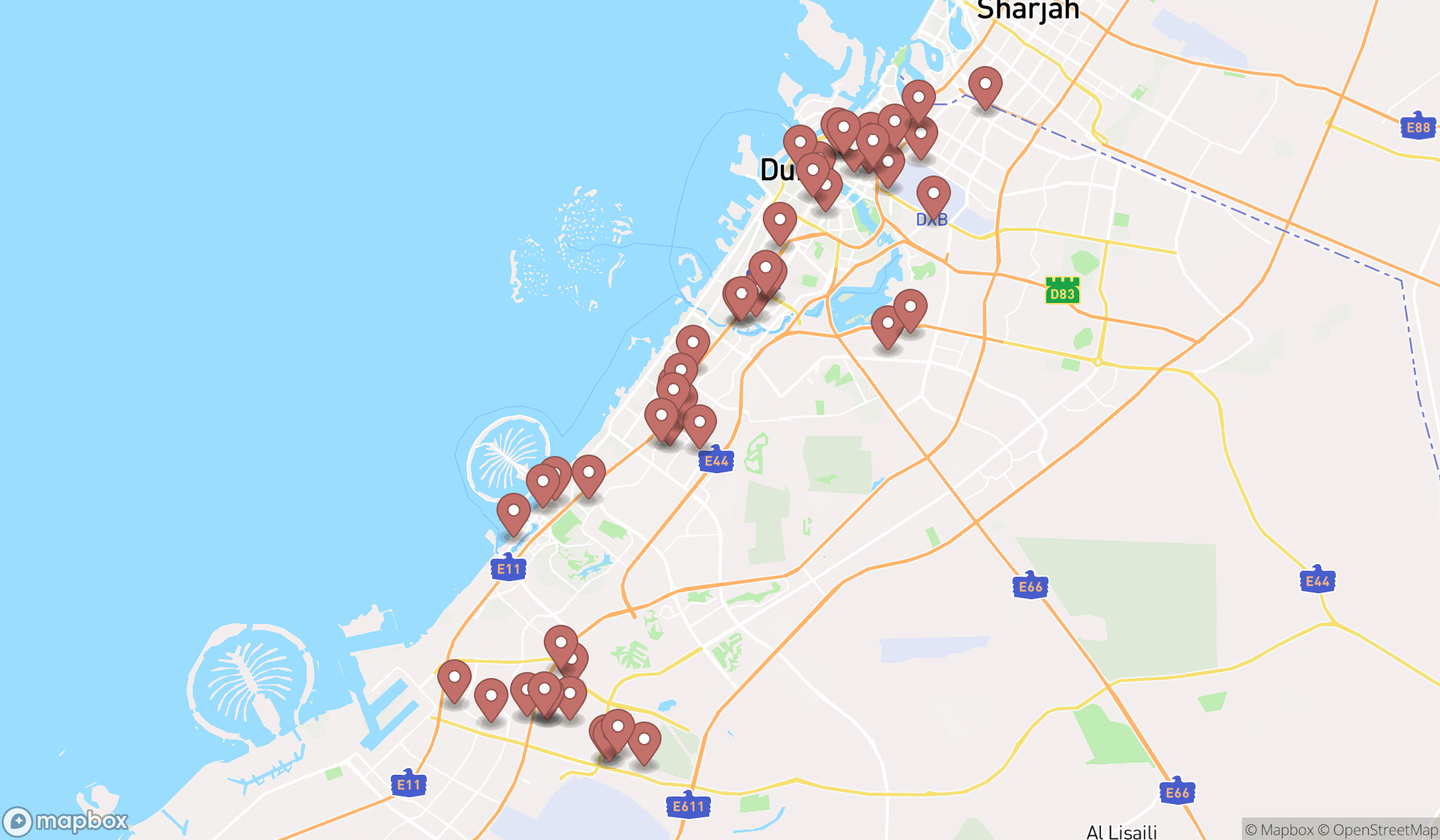 Map showing the search results in Dubai